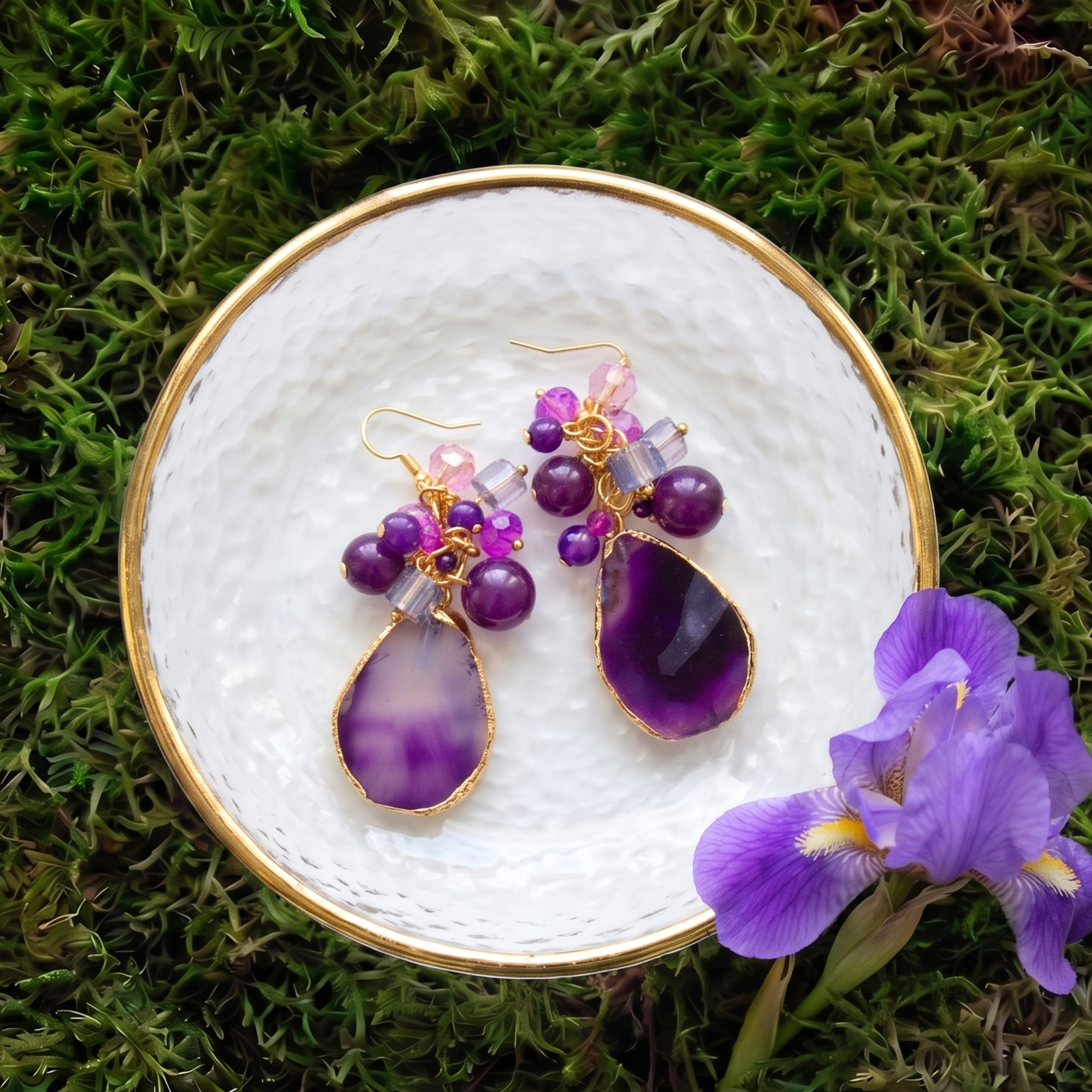 Statement dangle earrings featuring genuine purple agate slices, grape agate beads, faceted crystal accents, and gold detailing.