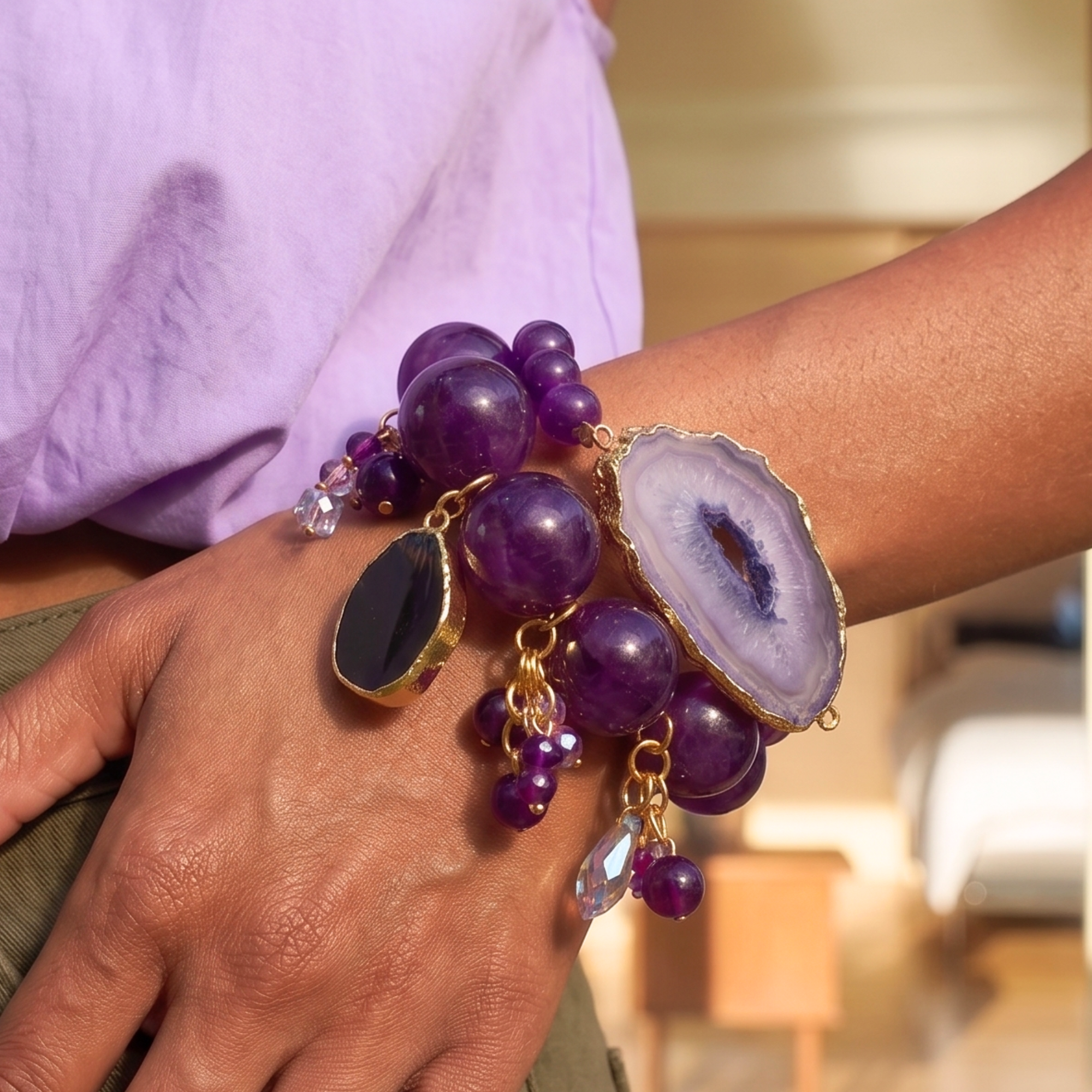 Three piece stretch bracelet stack featuring genuine purple agate beads, a natural druzy agate slice, crystal charms, gemstone accents, and gold detailing.