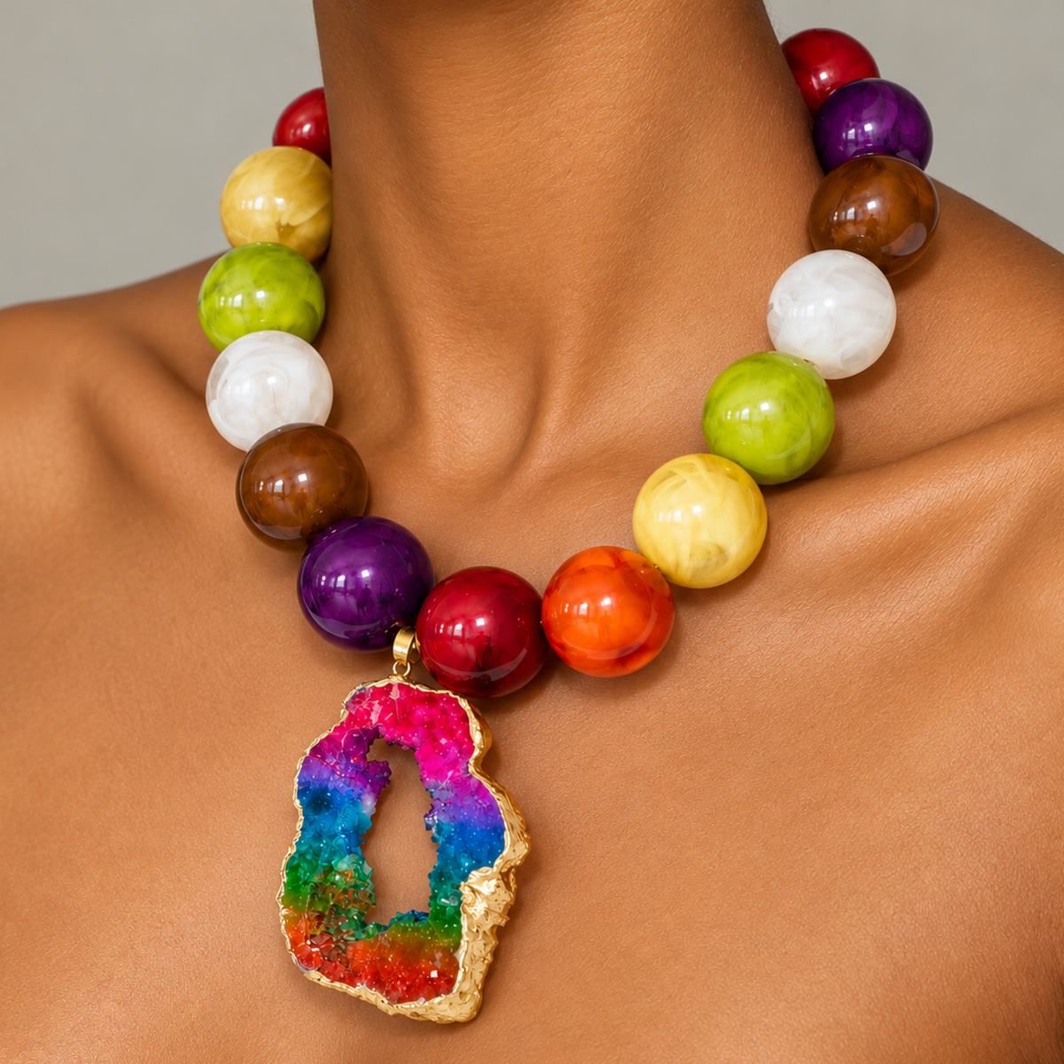 Multicolor chunky bead necklace featuring genuine agate, high luster serpentine beads, and an adjustable chain.