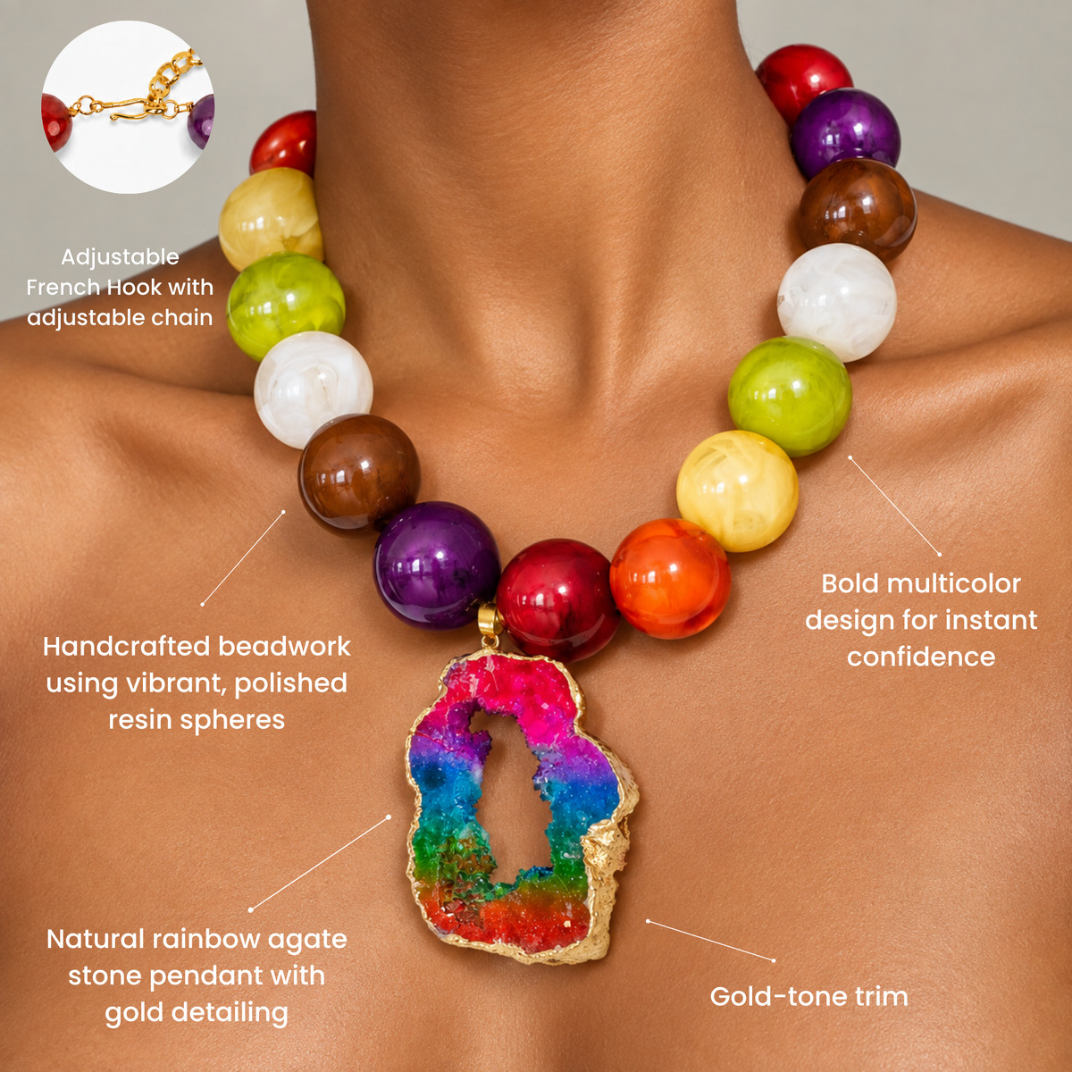 Chrysallis Joyride necklace featuring a natural rainbow agate pendant framed in shimmering gold.