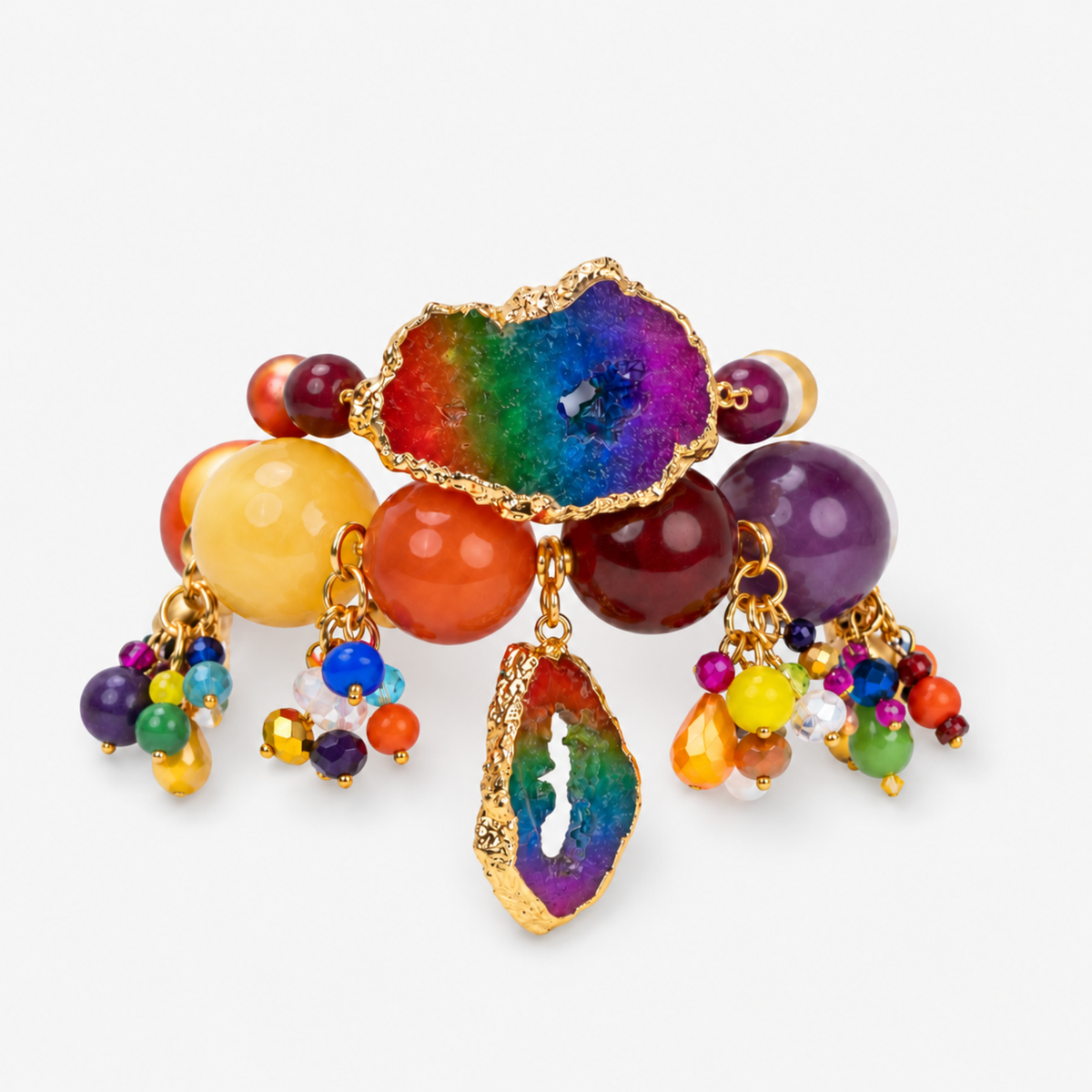 Chrysallis Joyride Rainbow Agate 2 Piece Stretch Bracelet Stack with colorful chunky beads and natural agate slices.