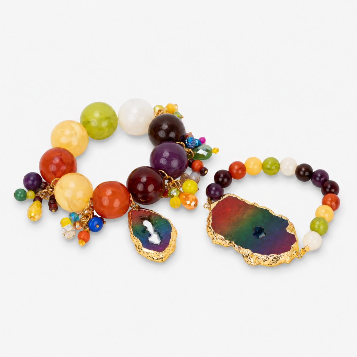 Multicolor bracelet stack featuring red, yellow, orange, purple, and rainbow beads with natural agate accents.