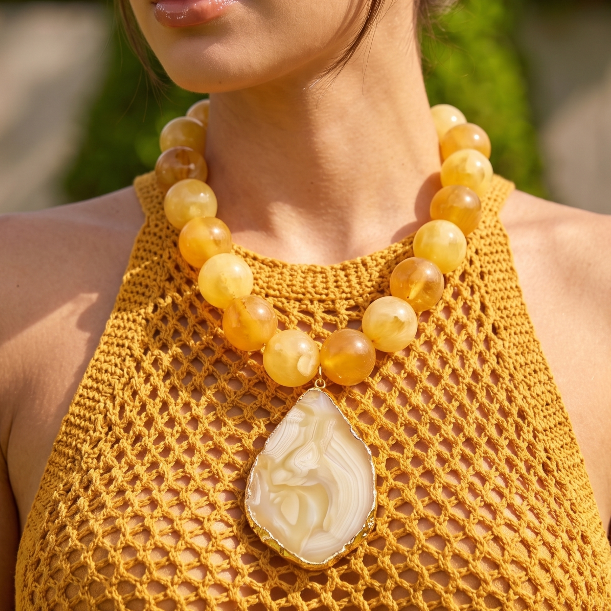 Yellow and cream marbled statement necklace featuring oversized citrus-toned beads and a natural agate pendant with gold trim by Sassy Jones.