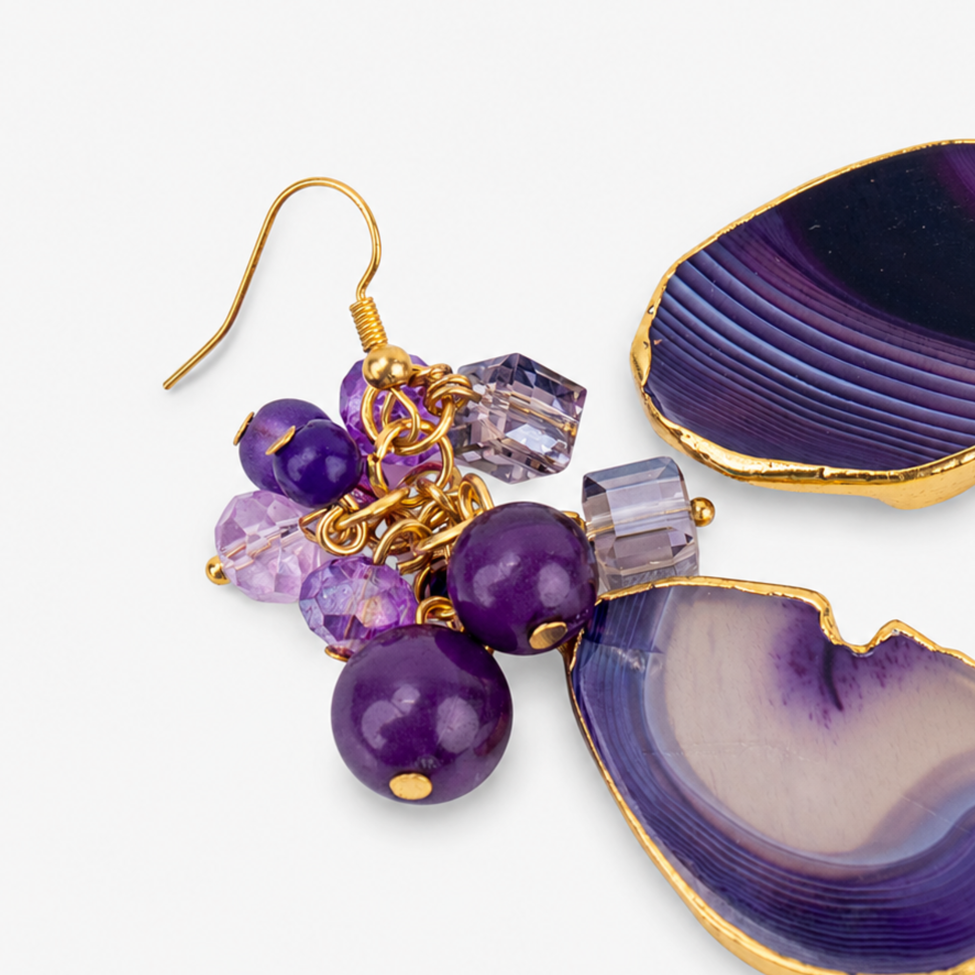 Chrysallis Natural Purple Agate dangle earrings featuring polished agate slice drops, clustered purple faceted beads and gold tone fish hook closures.