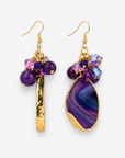 Chrysallis Natural Purple Agate dangle earrings featuring polished agate slice drops, clustered purple faceted beads and gold tone fish hook closures.