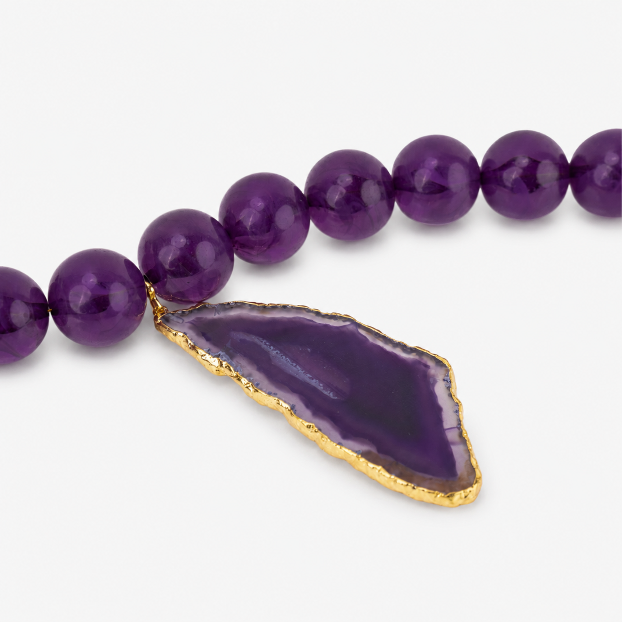 Chrysallis Purple Agate Druzy statement necklace featuring oversized polished agate beads and a one of a kind druzy agate centerpiece.