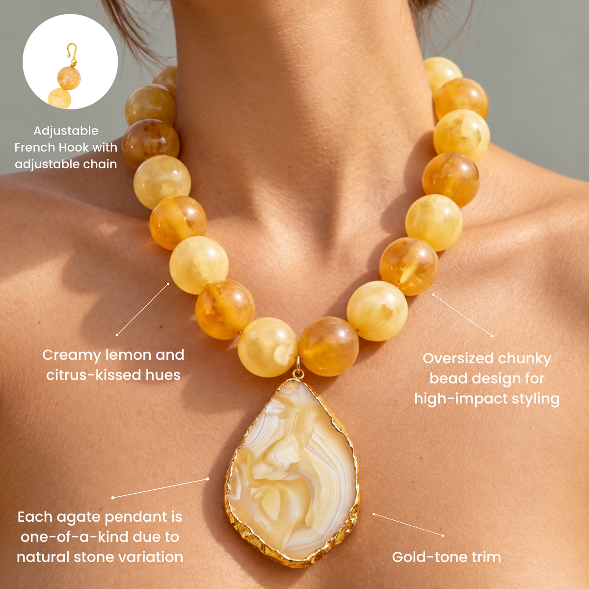 Yellow statement necklace with alternating creamy lemon and peach marbled beads and an organic agate pendant.