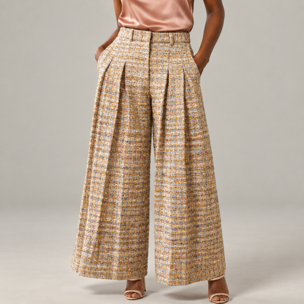 The Claire Metallic Tweed Pleated Trouser,Clothing, Sassy Jones,