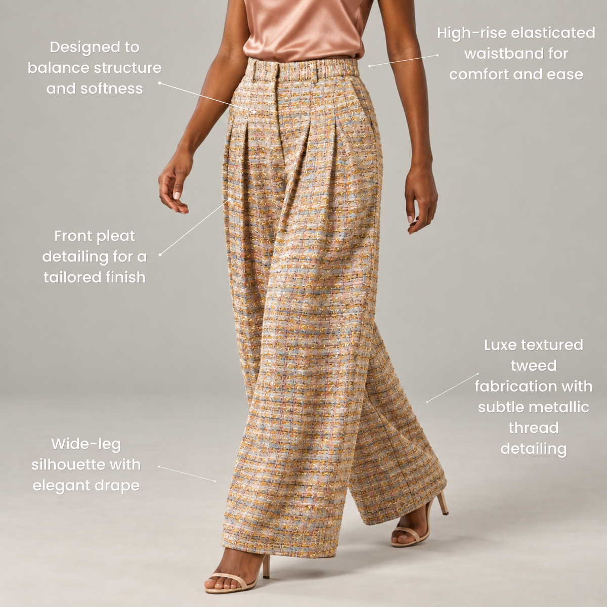 The Claire Metallic Tweed Pleated Trouser,Clothing, Sassy Jones,
