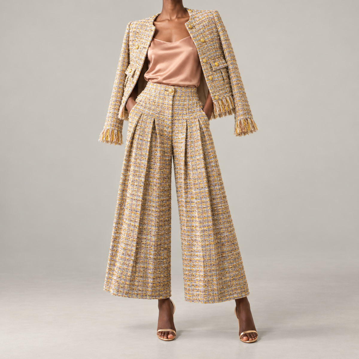 The Claire Metallic Tweed Pleated Trouser,Clothing, Sassy Jones,