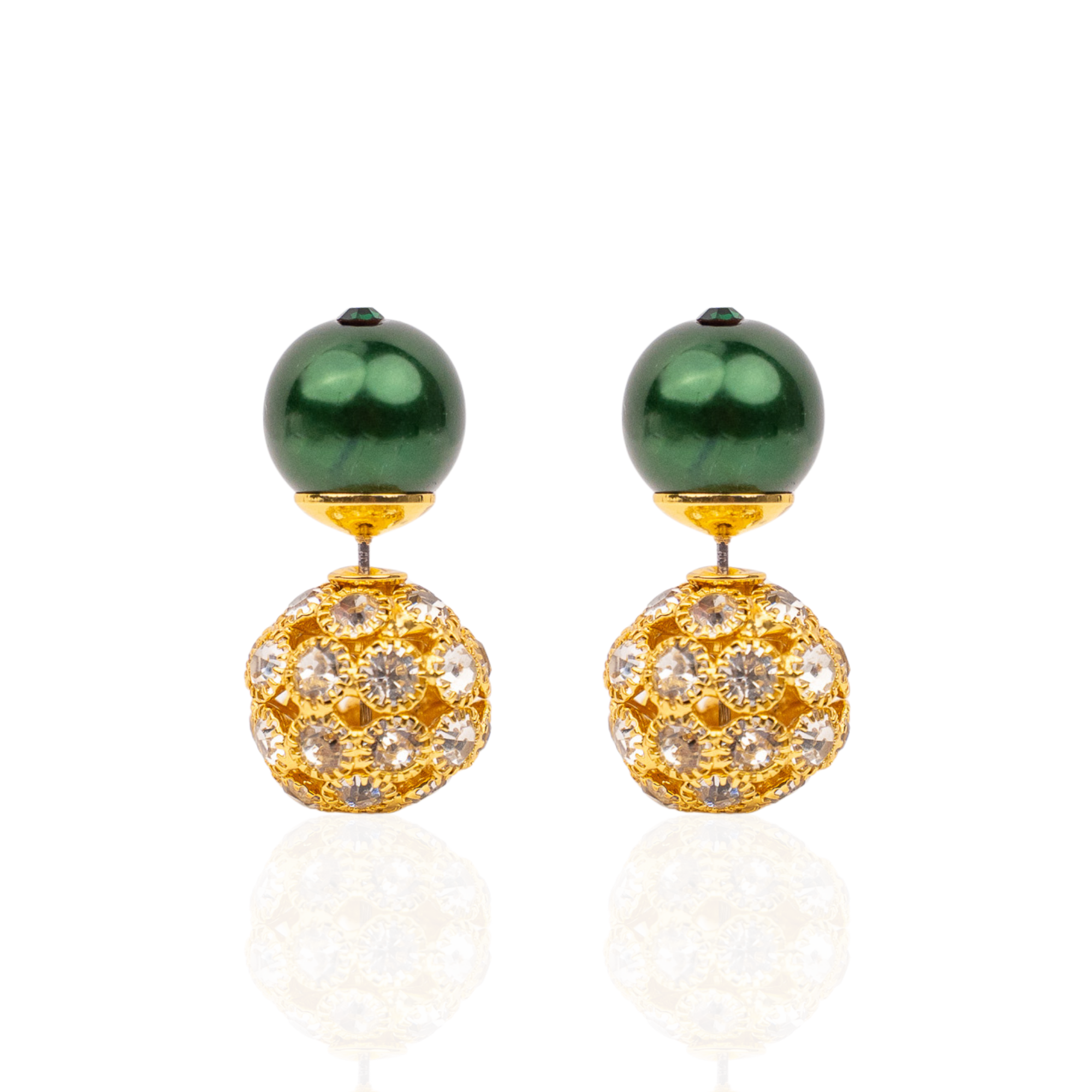 emerald green double stud earrings, green pearl crystal earrings, gold pavé stud earrings, luxury stud earrings, statement green earrings