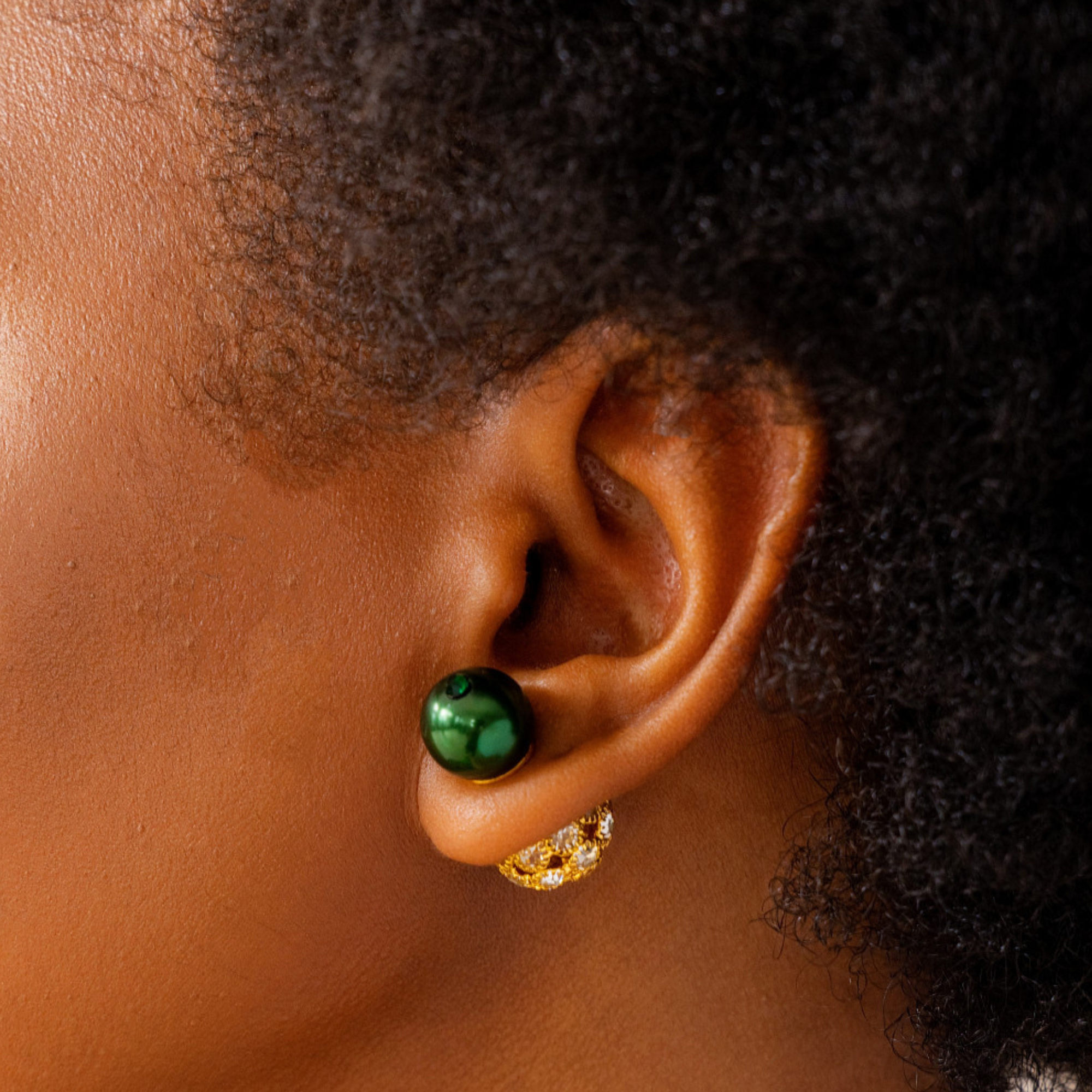 emerald green double stud earrings, green pearl crystal earrings, gold pavé stud earrings, luxury holiday stud earrings, statement green earrings