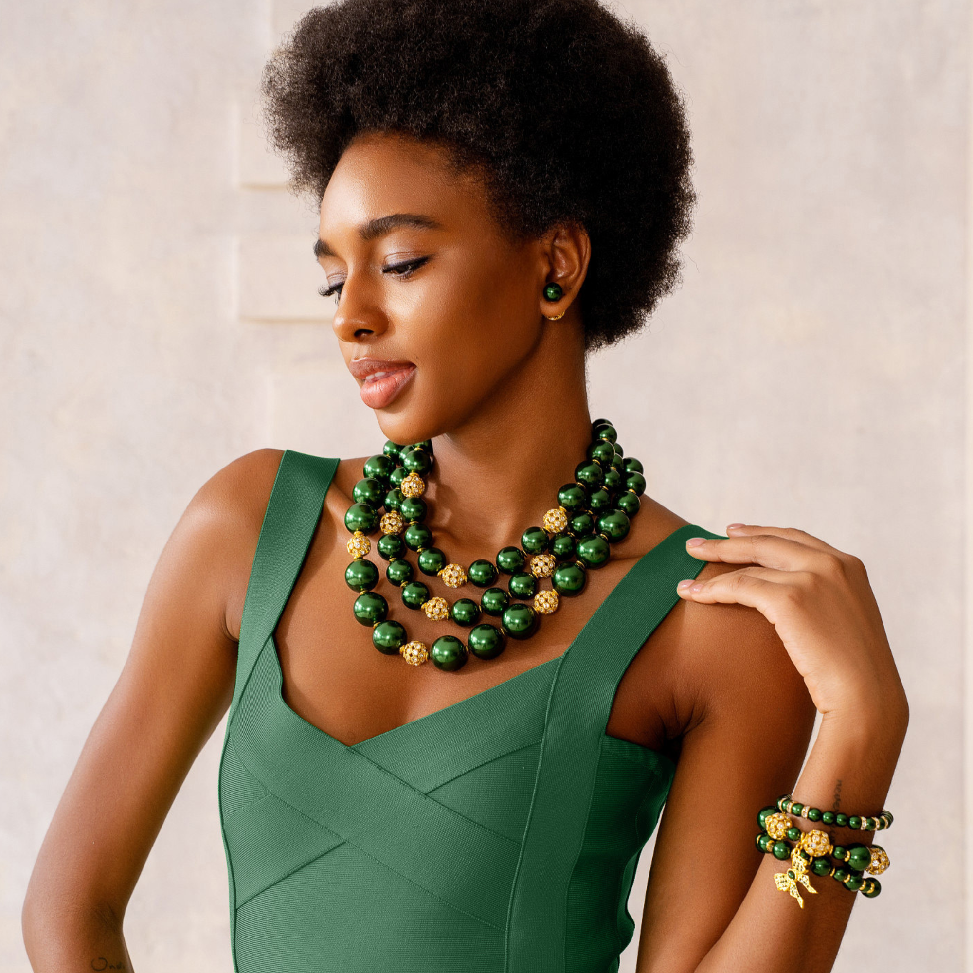 emerald green double stud earrings, green pearl crystal earrings, gold pavé stud earrings, luxury stud earrings, statement green earrings