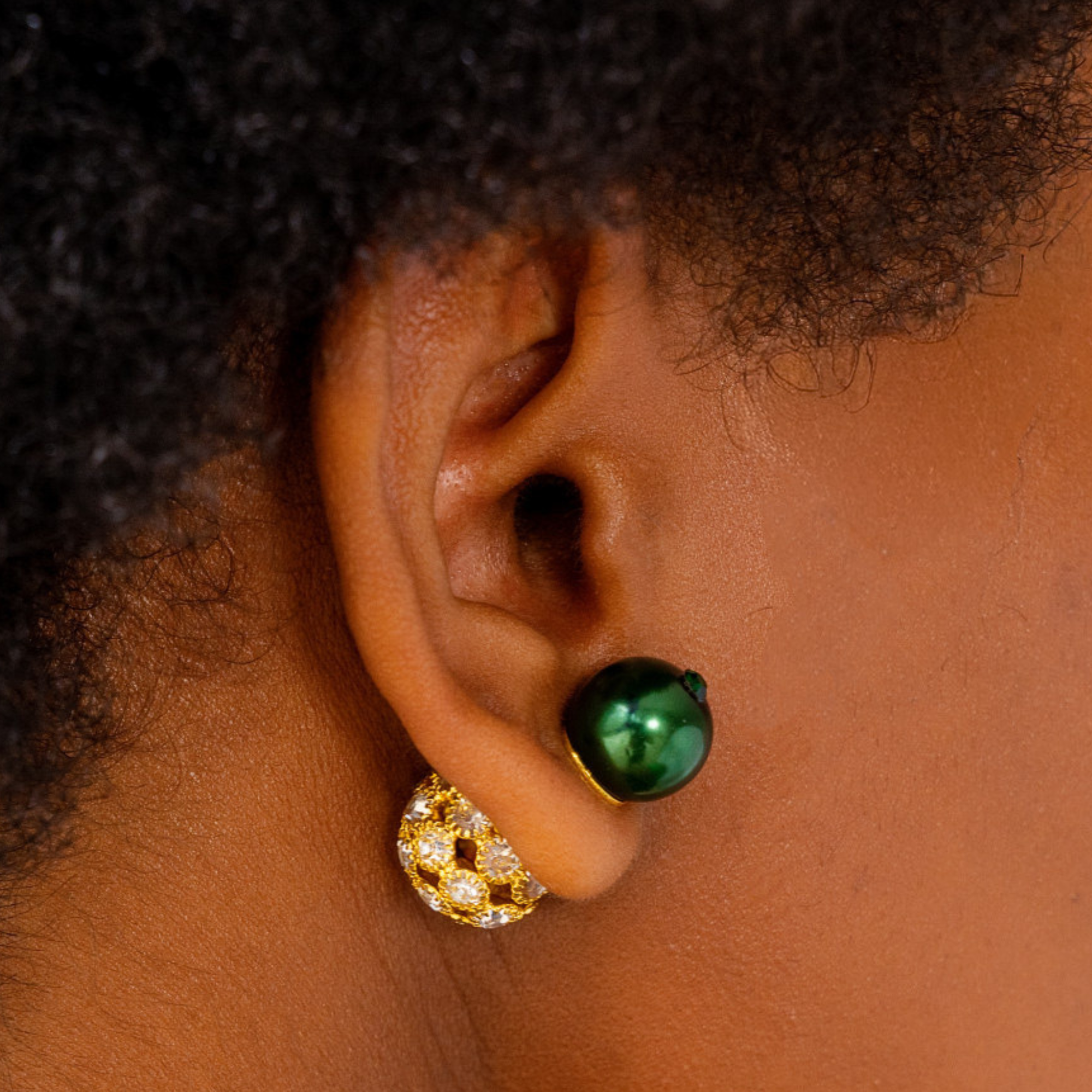 emerald green double stud earrings, green pearl crystal earrings, gold pavé stud earrings, luxury holiday stud earrings, statement green earrings