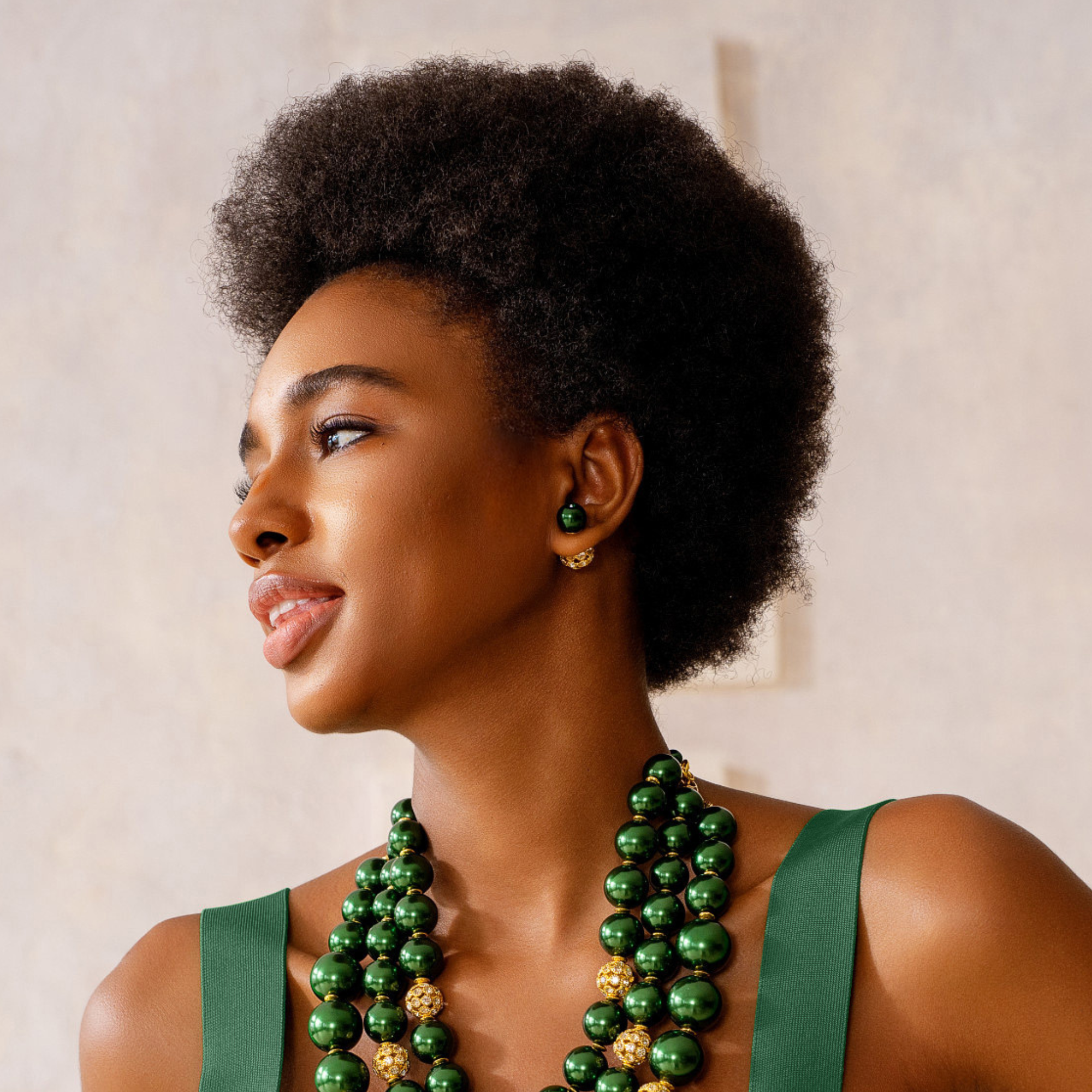 emerald green double stud earrings, green pearl crystal earrings, gold pavé stud earrings, luxury holiday stud earrings, statement green earrings