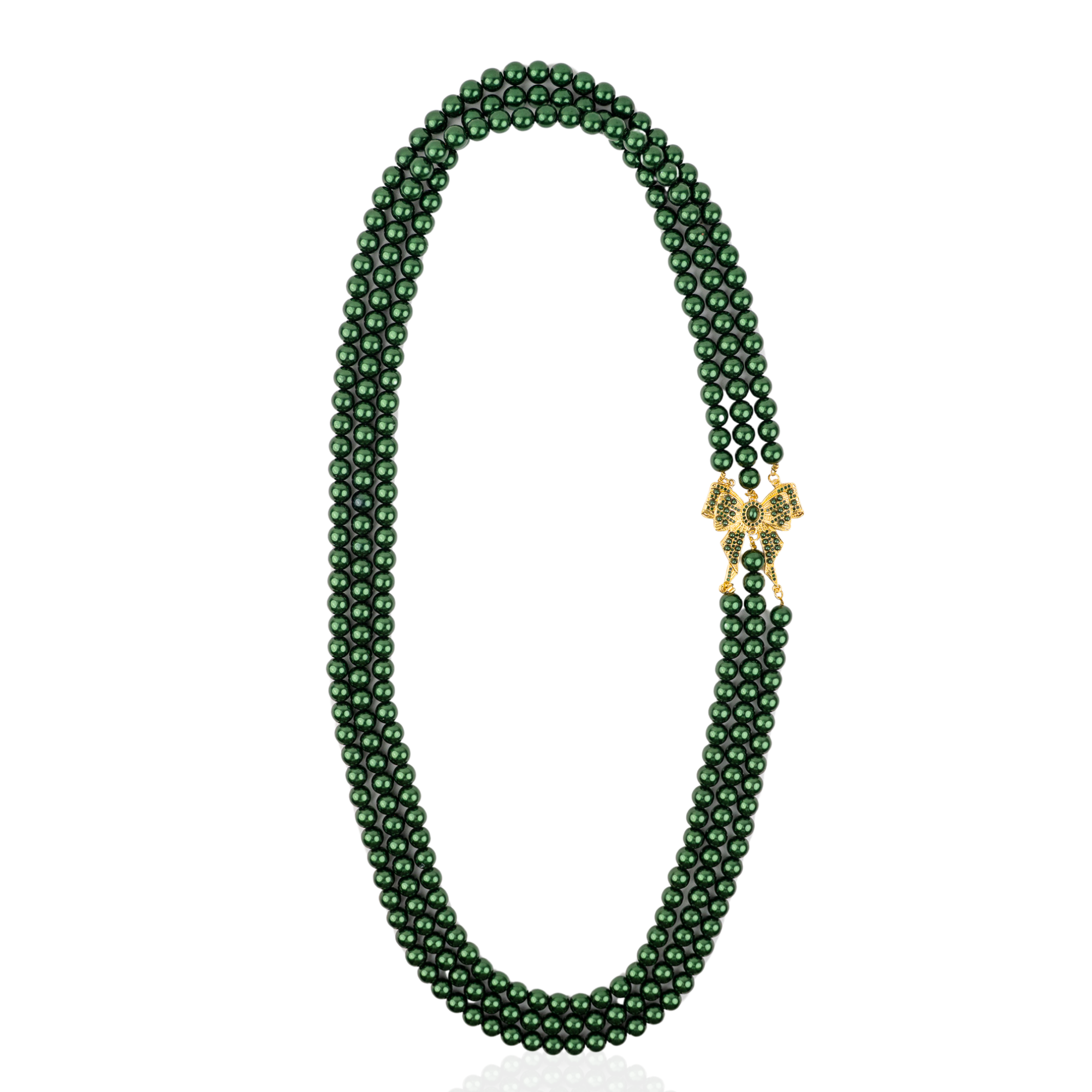emerald pearl necklace, long pearl chain, emerald statement necklace, luxury pearl jewelry, gold bow pearl necklace, statement jewelry, layered pearl necklace, bold pearl necklace