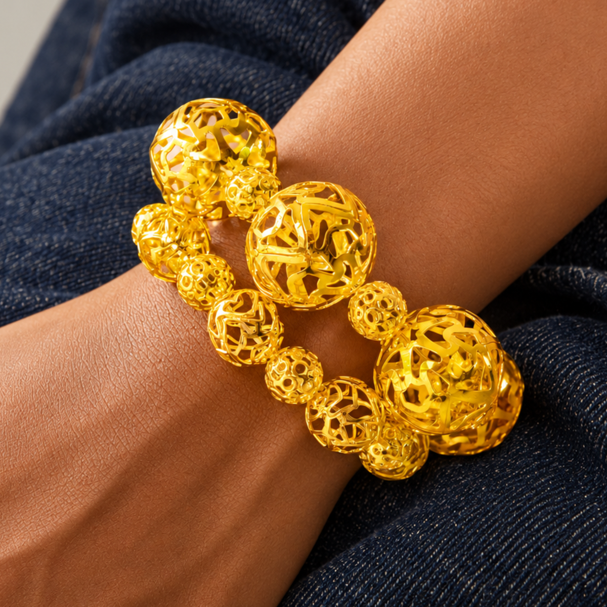 Dina Gold Openwork Sculptural Sphere 2 Piece Stretch Bracelet Stack featuring oversized and petite gold globes.