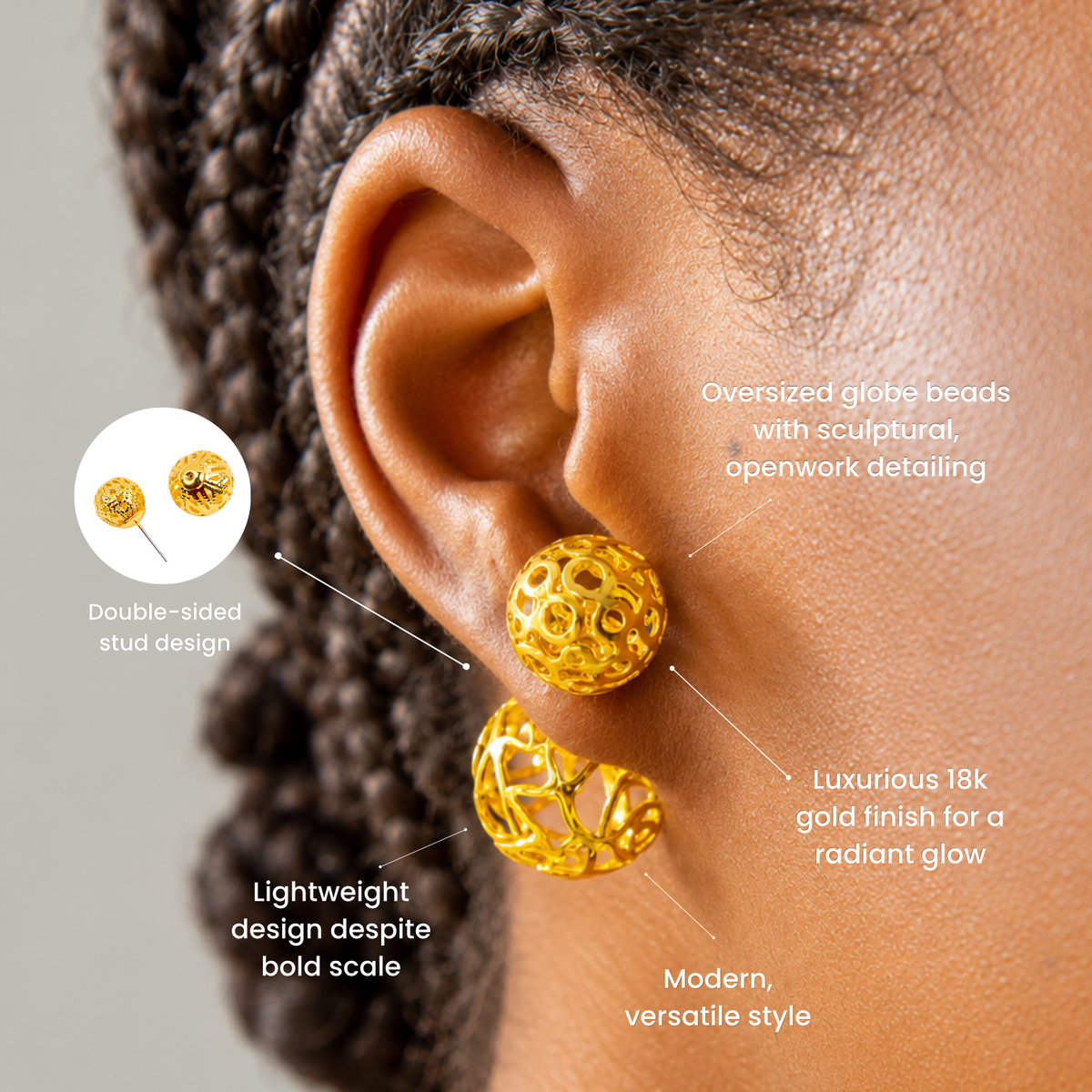 Dina Gold earrings shown on ear with a smaller textured sphere above a larger openwork globe.