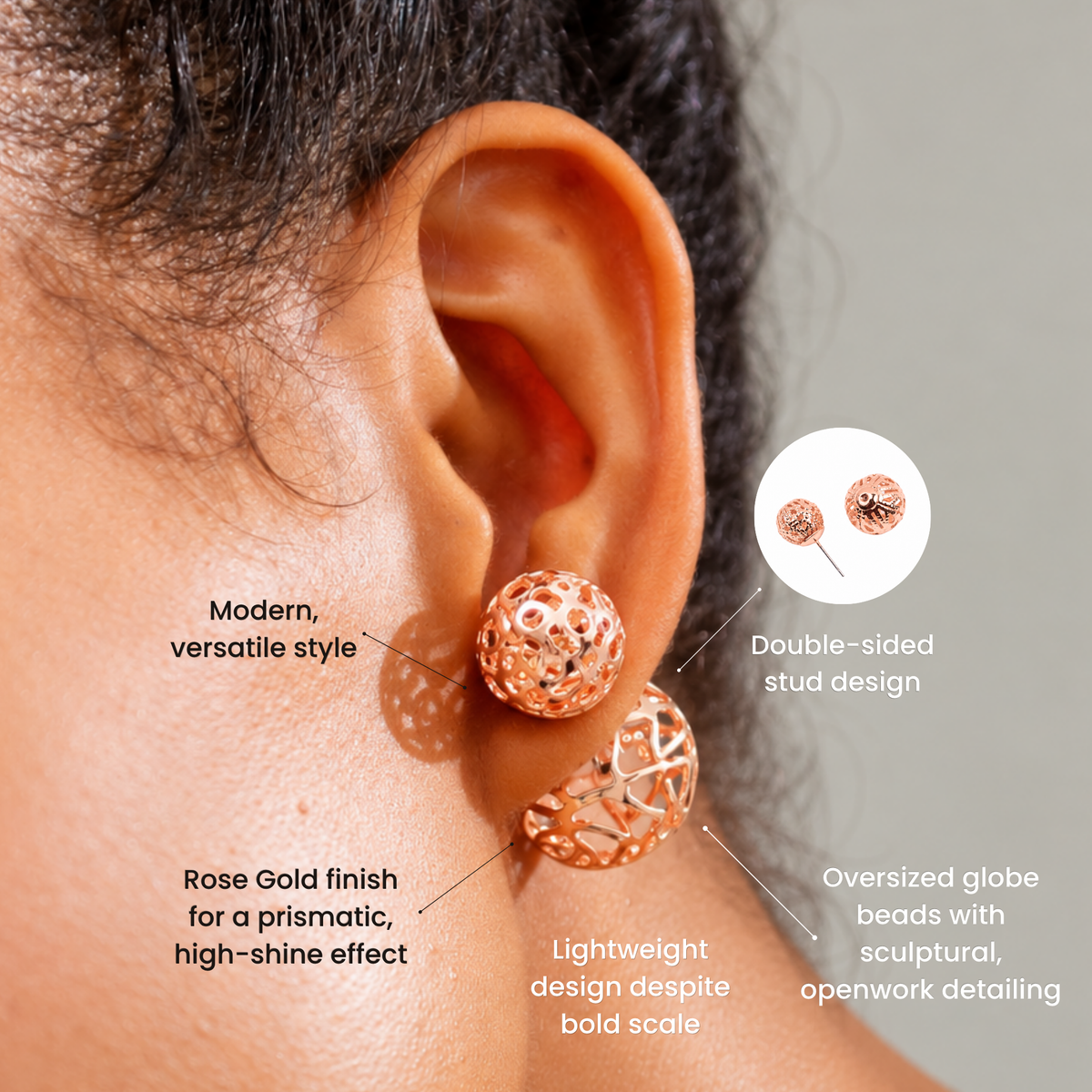 Rose gold statement earrings featuring a petite textured sphere and larger sculptural globe.