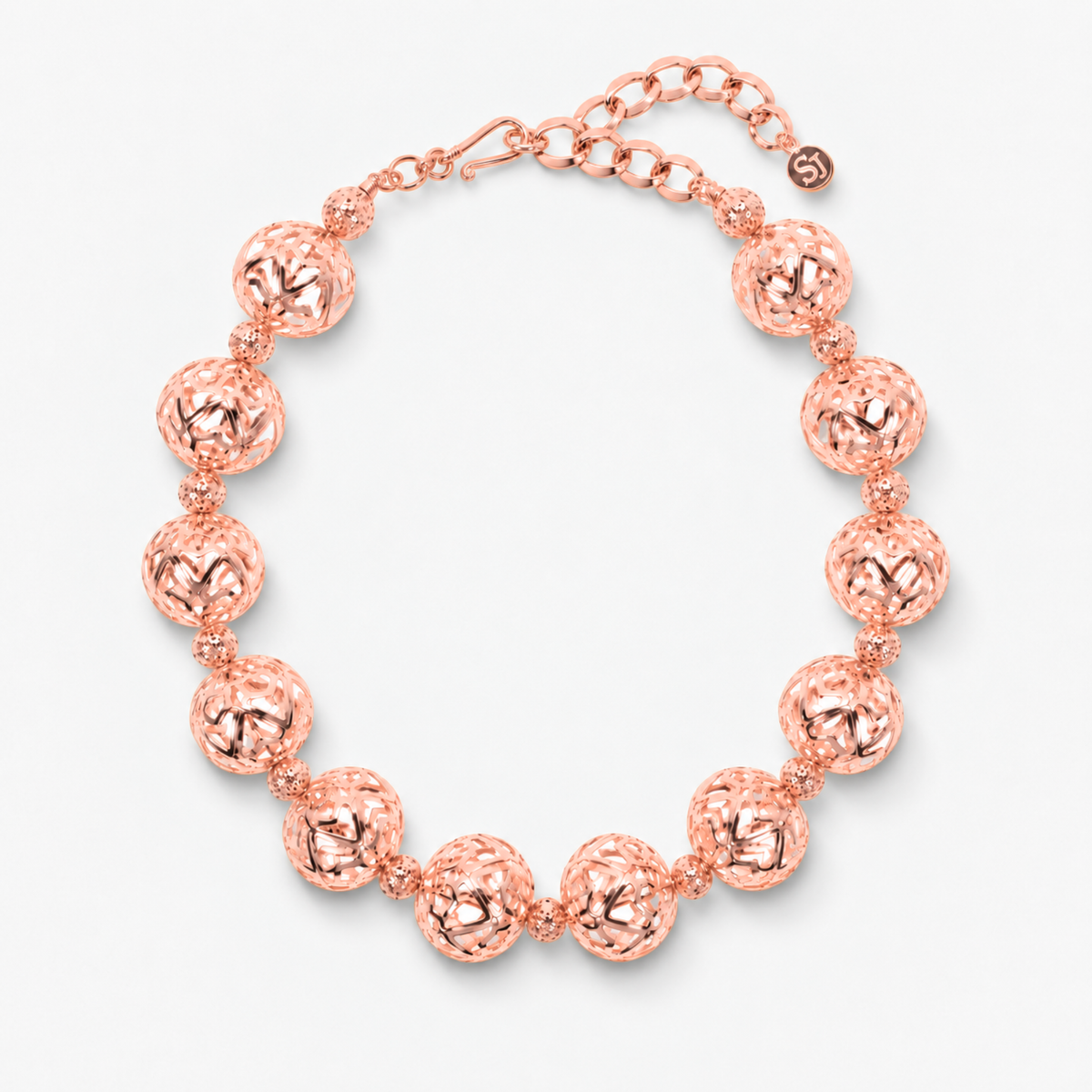 Dina Sculptural Globe Chain Rose Gold featuring oversized openwork sphere beads and smaller textured spacers.