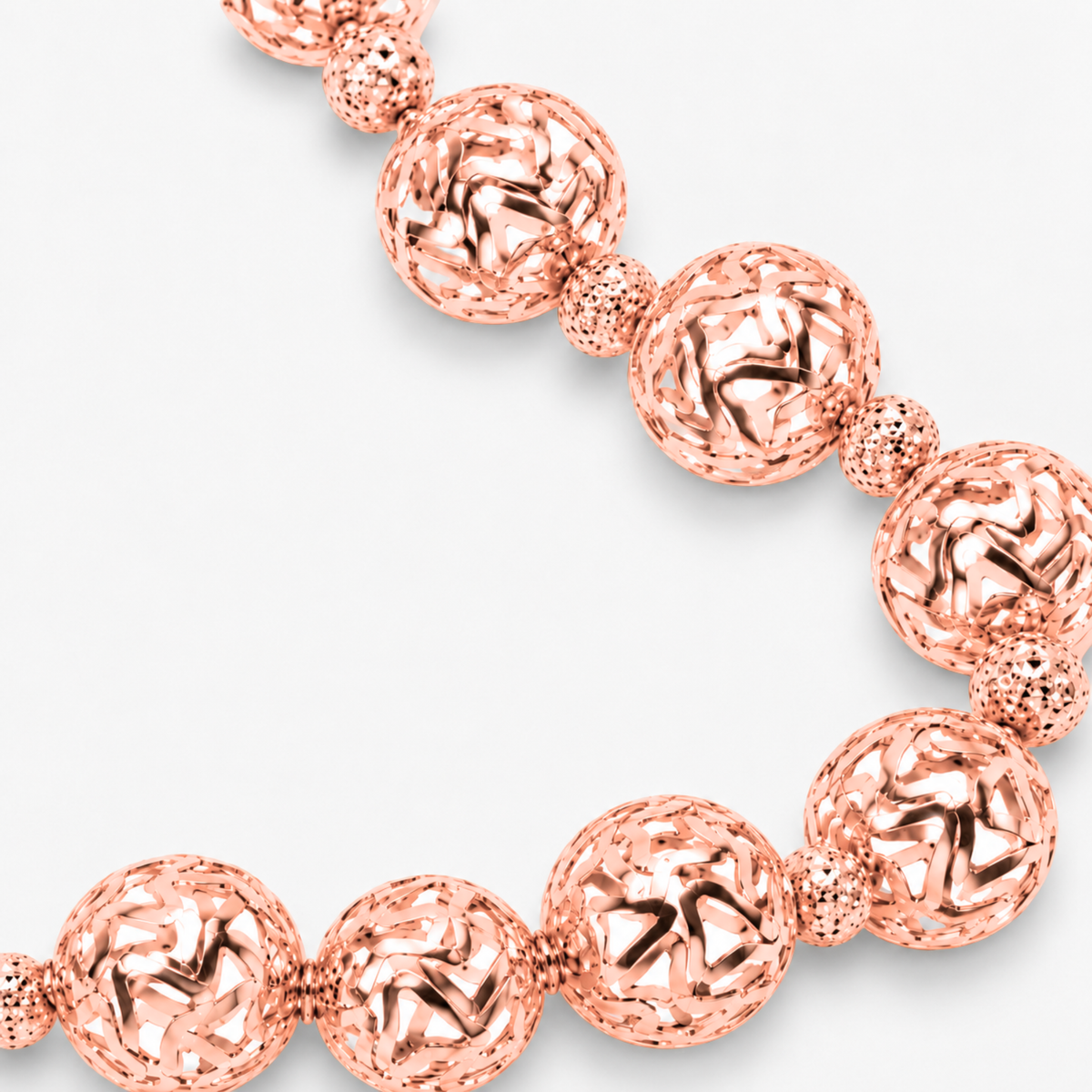 Dina Sculptural Globe Chain Rose Gold featuring oversized openwork sphere beads and smaller textured spacers.