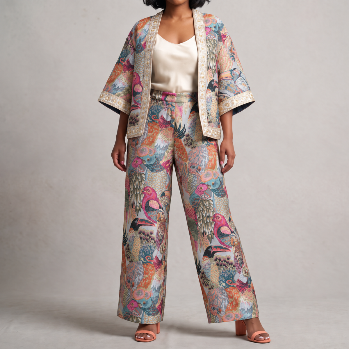 Multicolor jacquard jacket featuring detailed birds and decorative gold embroidered borders along the front, sleeves and hem.
