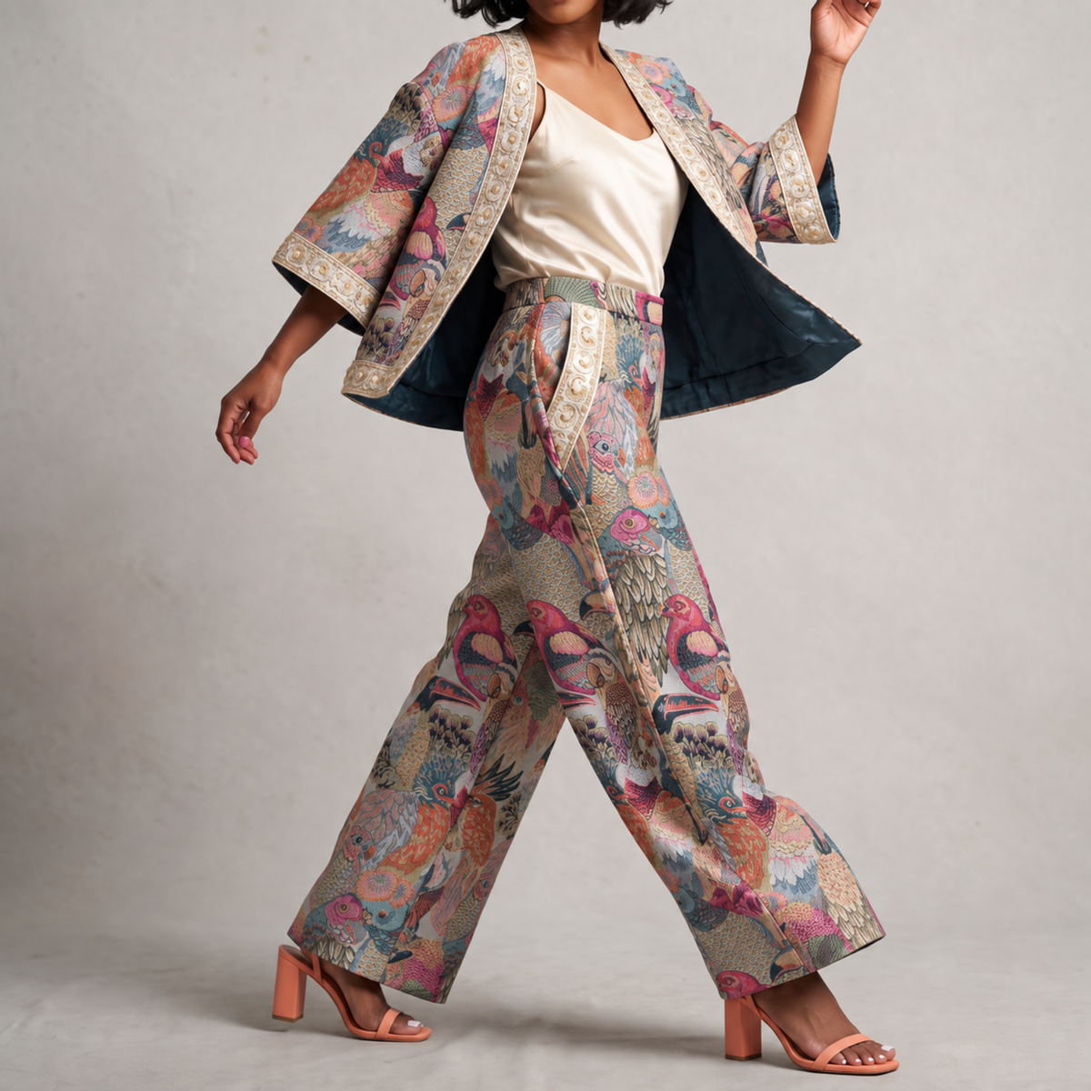Fawna Jacquard Embroidered Pants featuring an intricate multicolor bird design and ornate gold embroidered trim on front pocket.