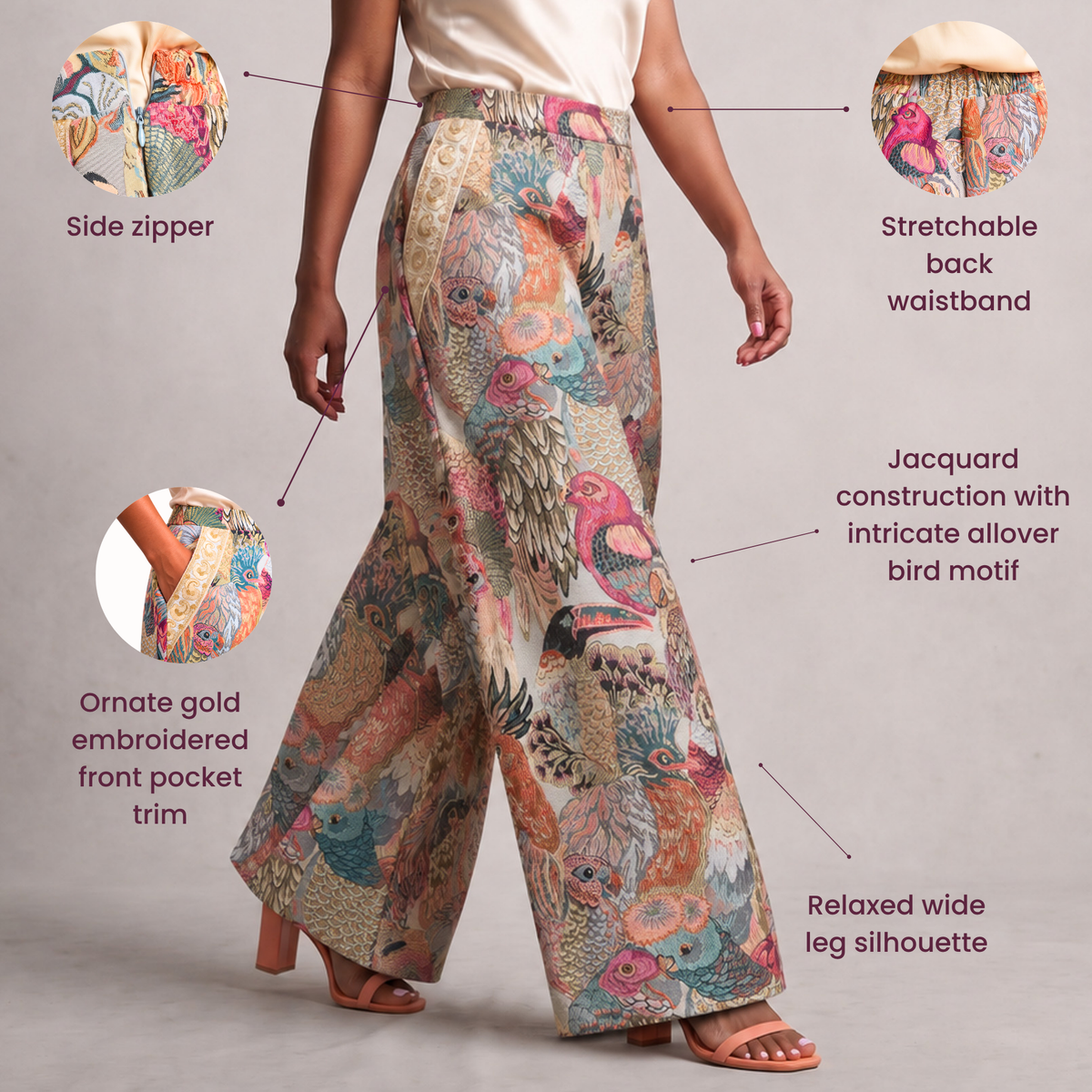 Multicolor jacquard wide leg pants featuring detailed birds and decorative gold embroidered borders along the front pocket.
Fawna statement 