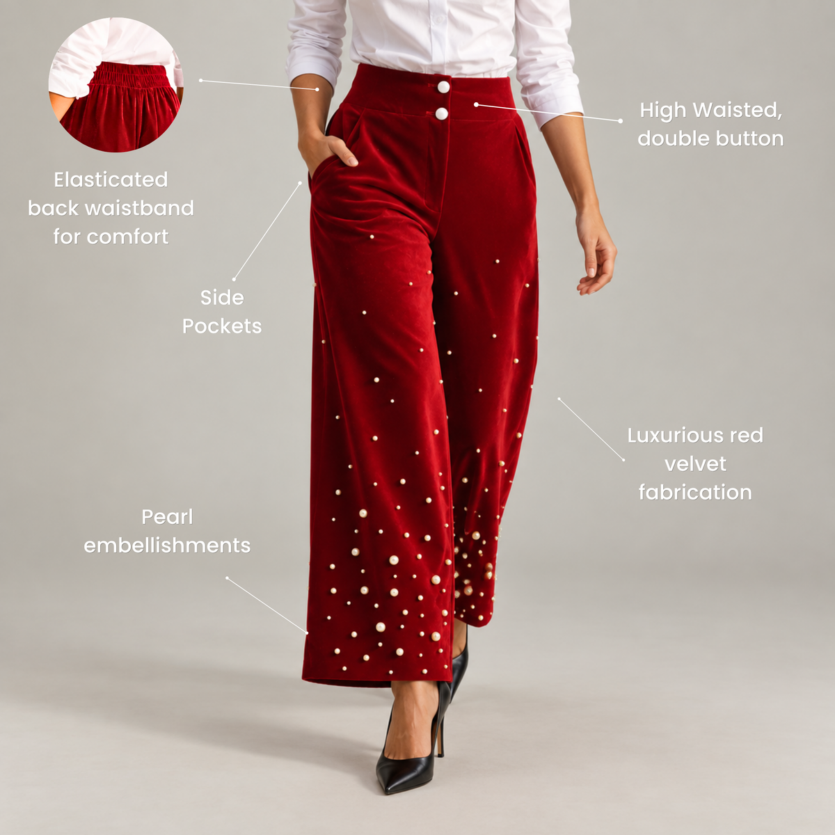 The Fiorella Pant - Red Velvet Pearl,Clothing, Sassy Jones,