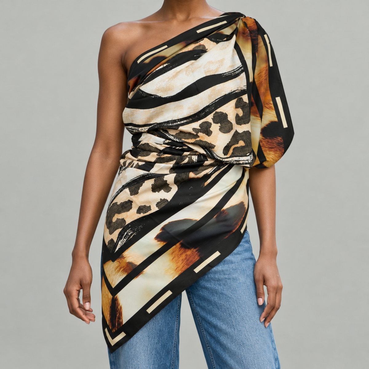 Sassy Jones Mary Butler Scarf showcasing abstract black brushstrokes over neutral leopard patterns.