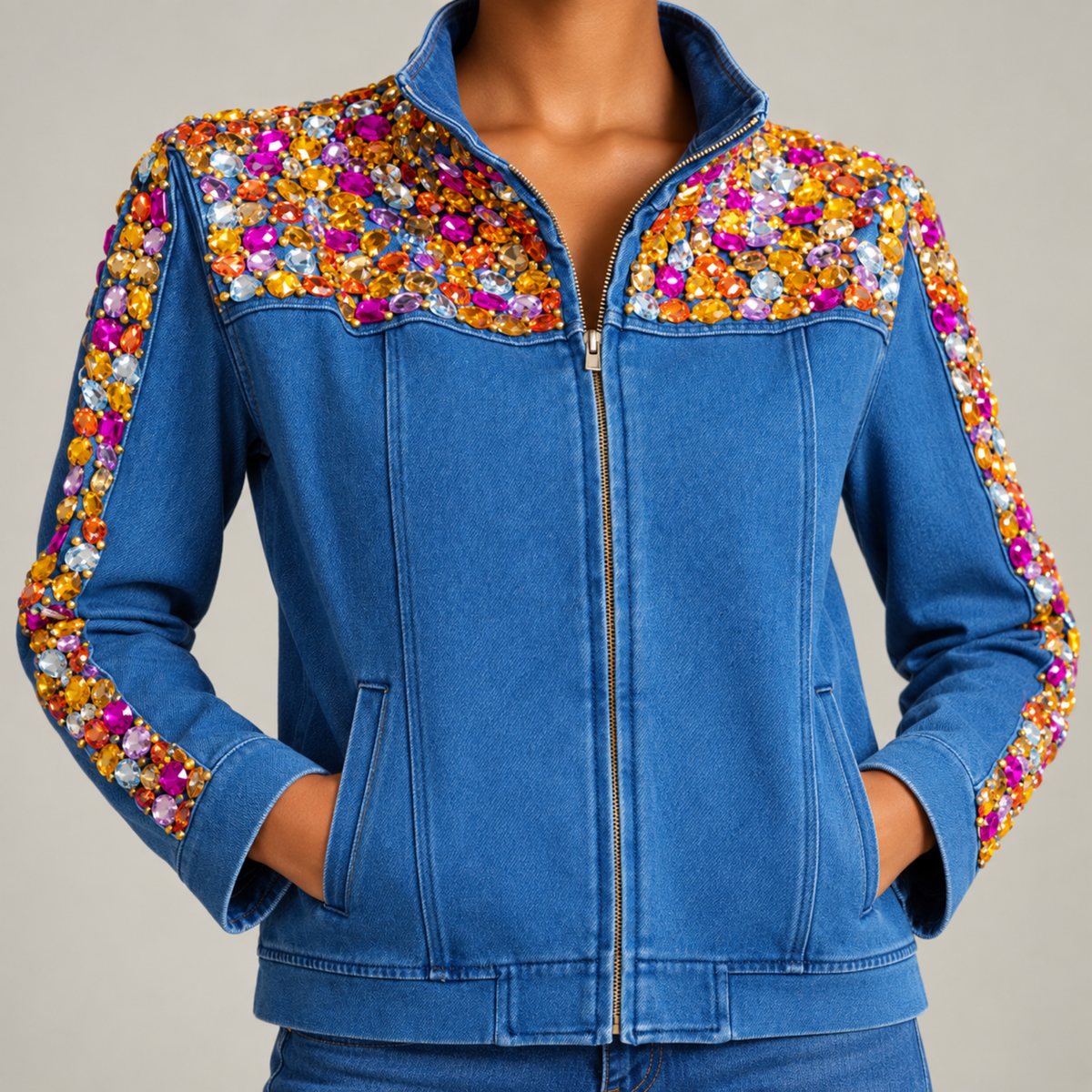 The Gemma Crystal Jogger Jacket - Denim,Clothing, Sassy Jones,