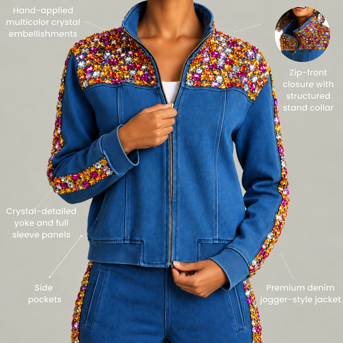 The Gemma Crystal Jogger Jacket - Denim,Clothing, Sassy Jones,