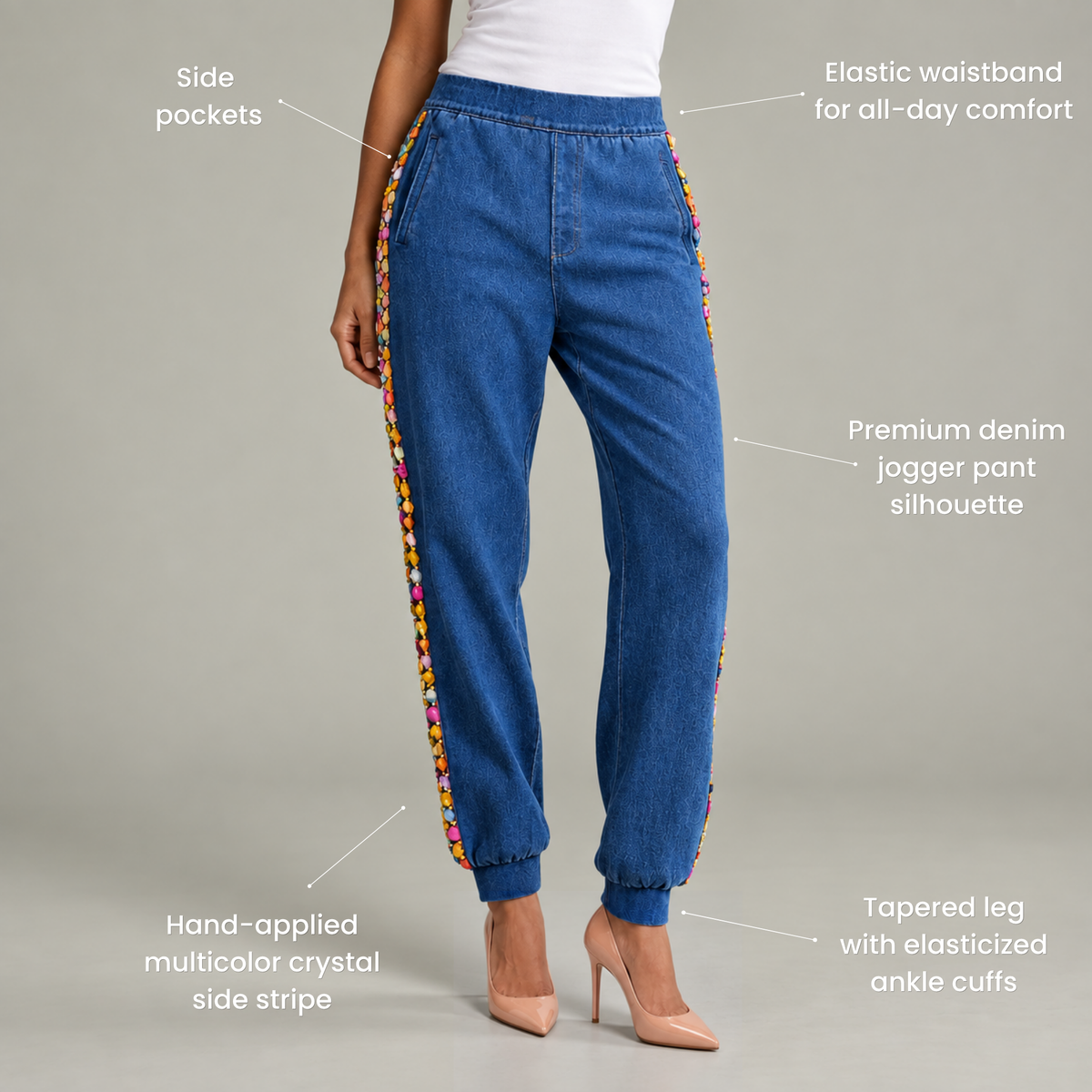 The Gemma Crystal Jogger Pant - Denim,Clothing, Sassy Jones,