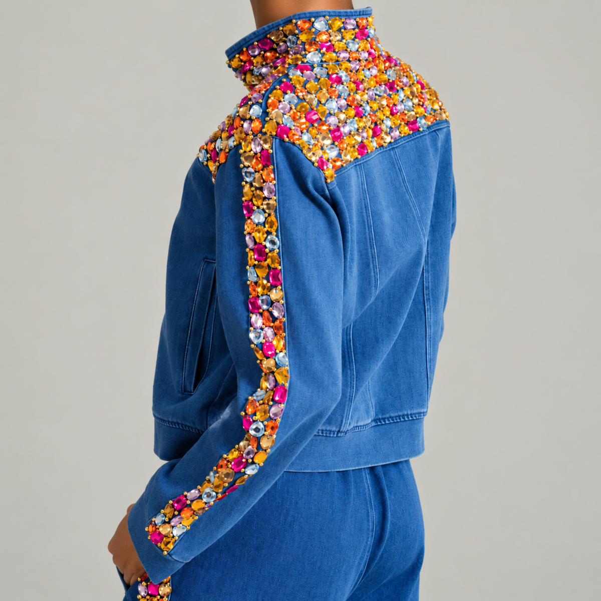 The Gemma Crystal Jogger Jacket - Denim,Clothing, Sassy Jones,