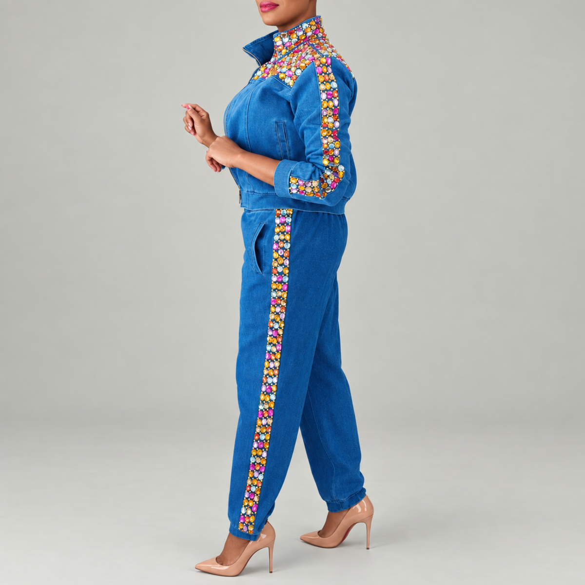 The Gemma Crystal Jogger Jacket - Denim,Clothing, Sassy Jones,