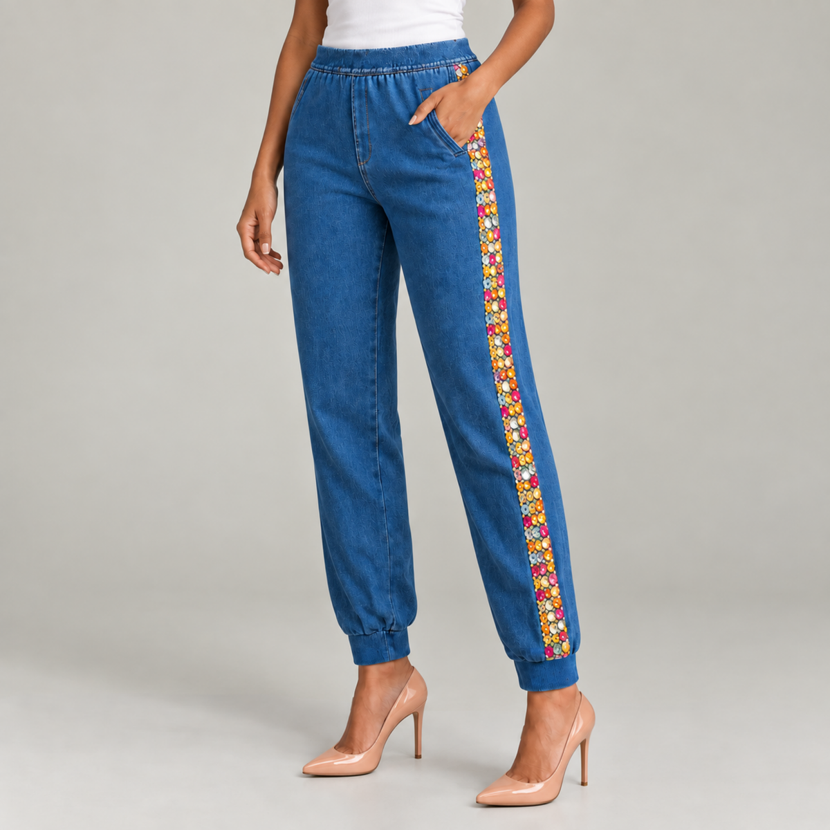 The Gemma Crystal Jogger Pant - Denim,Clothing, Sassy Jones,