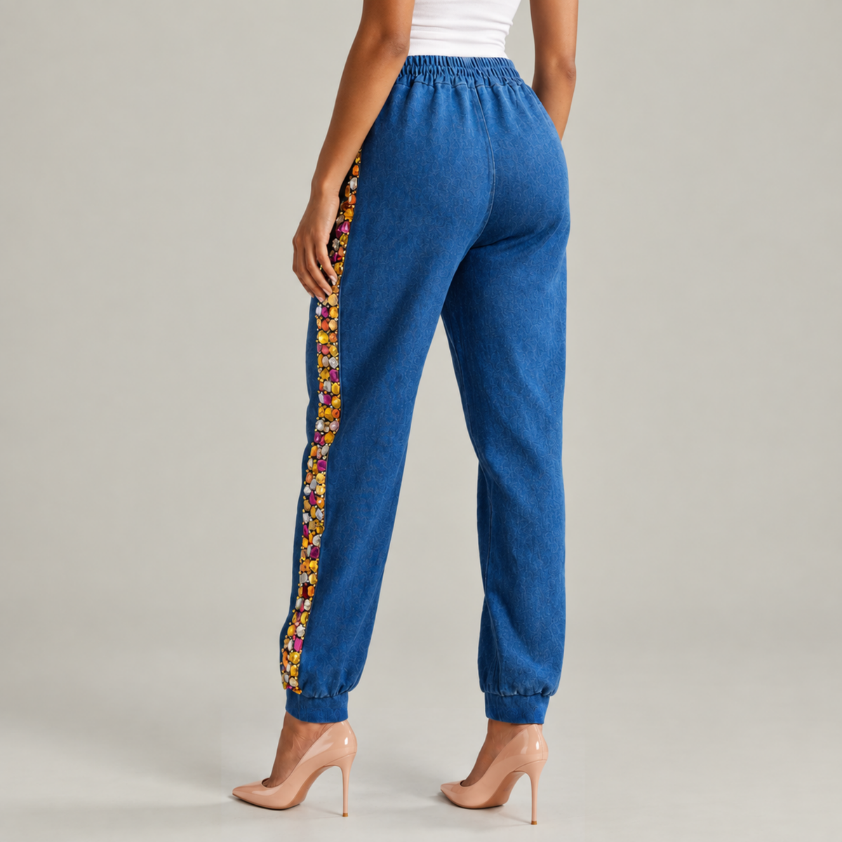 The Gemma Crystal Jogger Pant - Denim,Clothing, Sassy Jones,