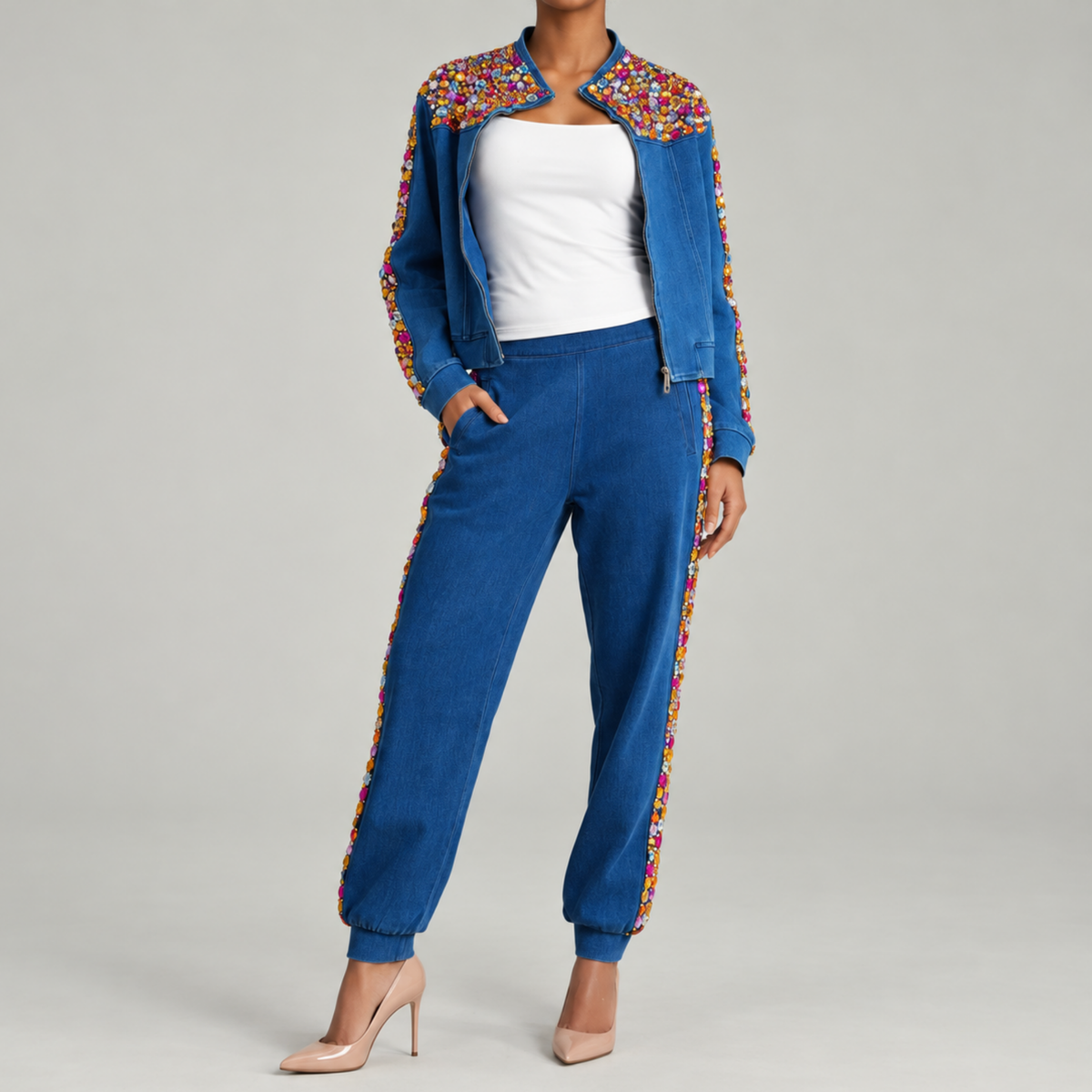 The Gemma Crystal Jogger Pant - Denim,Clothing, Sassy Jones,