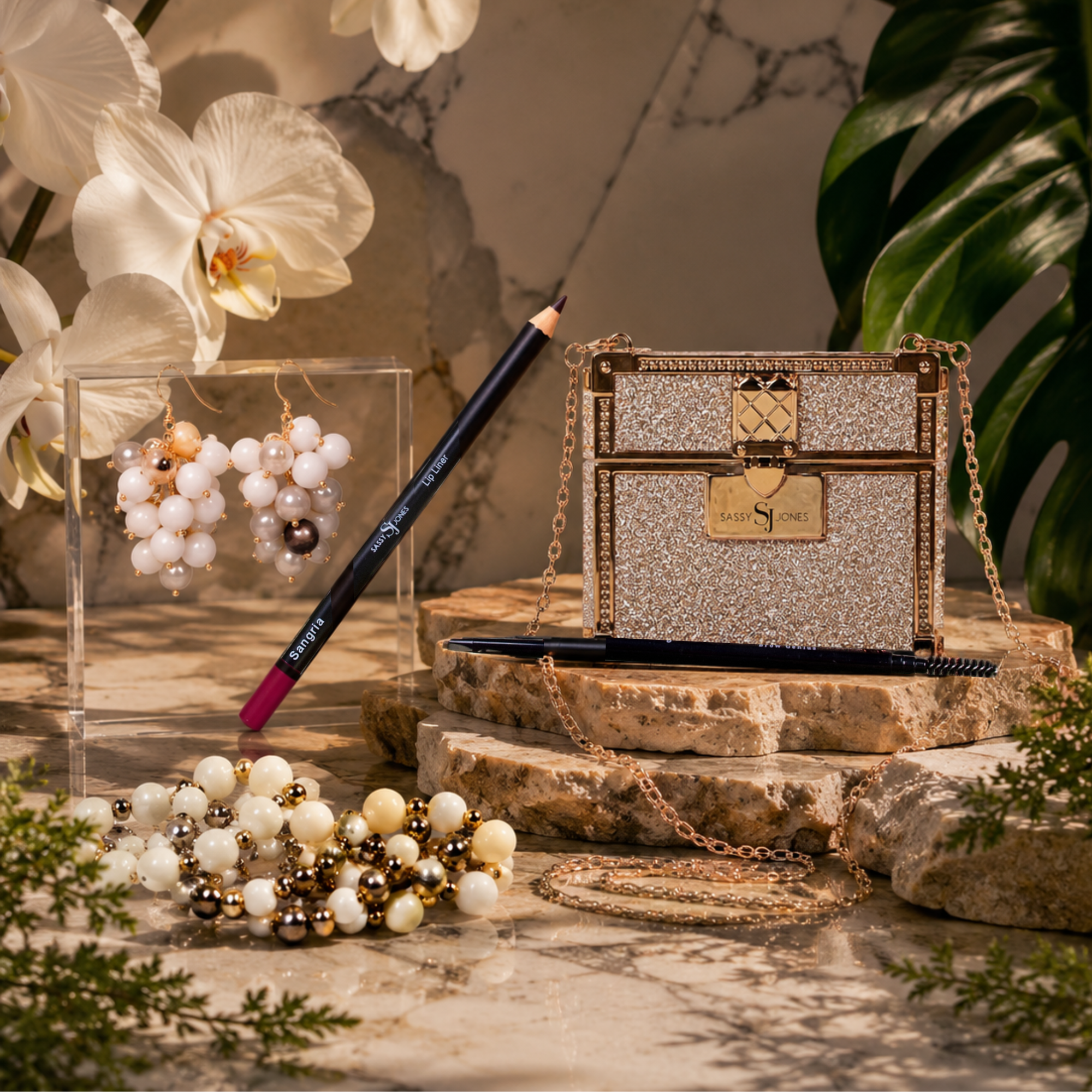 Glow On the Go Beauty Kit featuring lip liner, brow pencil, lipstick travel clutch, beaded bracelet stack, and statement earrings