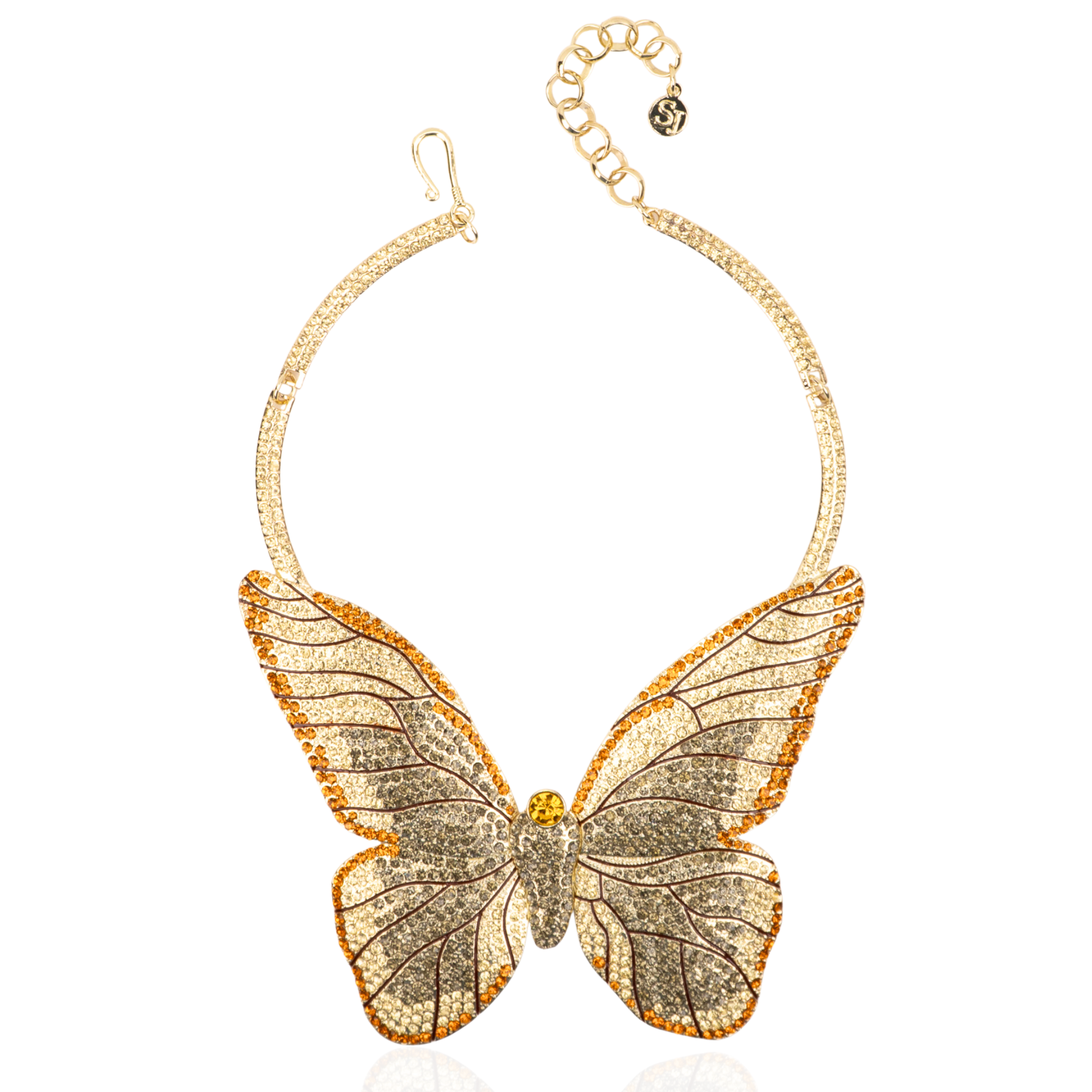 Gold butterfly statement bib necklace with champagne and clear crystals in a radiant oversized design.