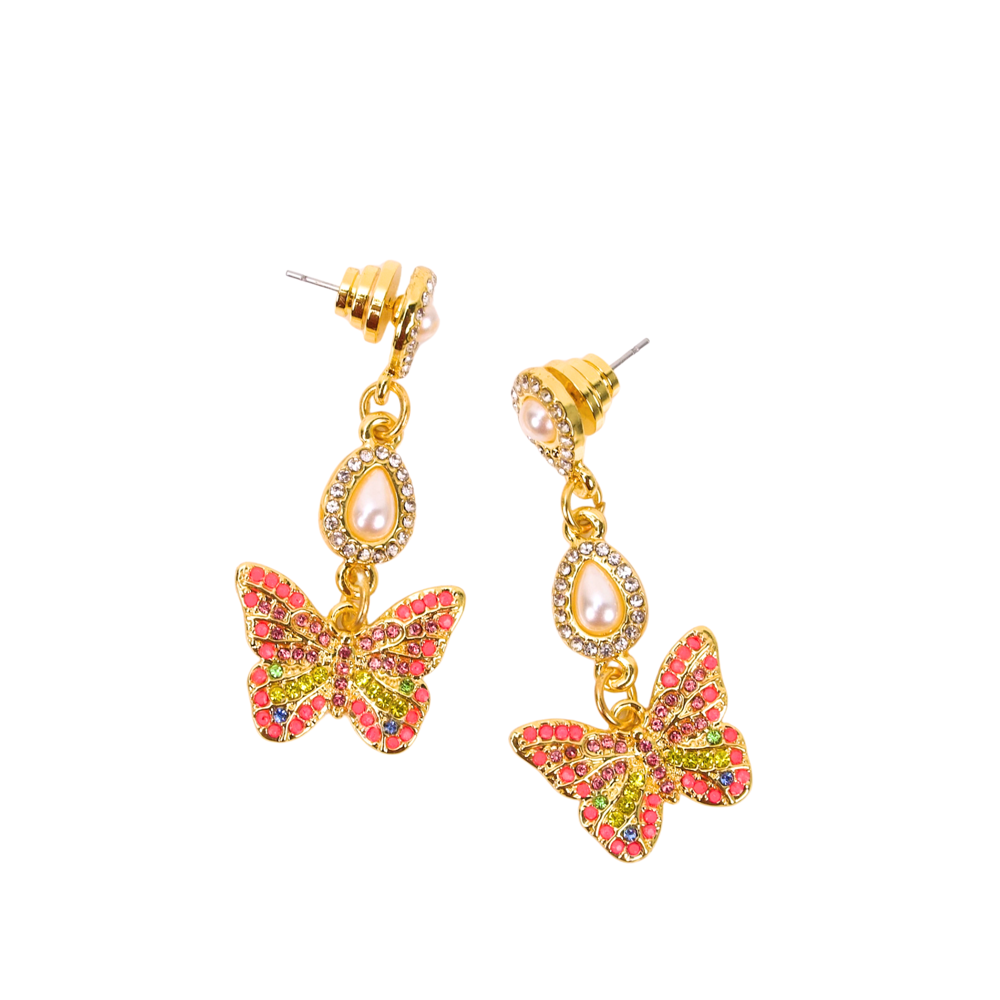 Crystal butterfly dangle earrings featuring multicolored pavé crystals, pear shaped crystal accents, and gold tone detailing.