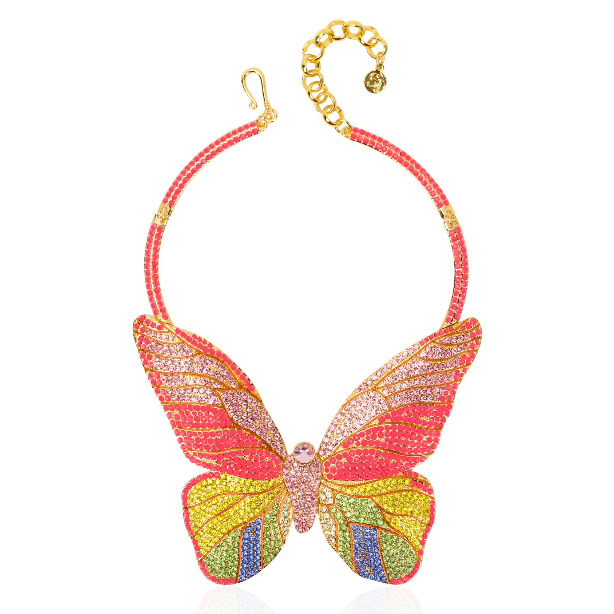 Statement butterfly bib necklace featuring vibrant multicolored crystals in coral, pink, gold, turquoise, and emerald with gold tone detailing.