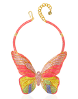 Statement butterfly bib necklace featuring vibrant multicolored crystals in coral, pink, gold, turquoise, and emerald with gold tone detailing.