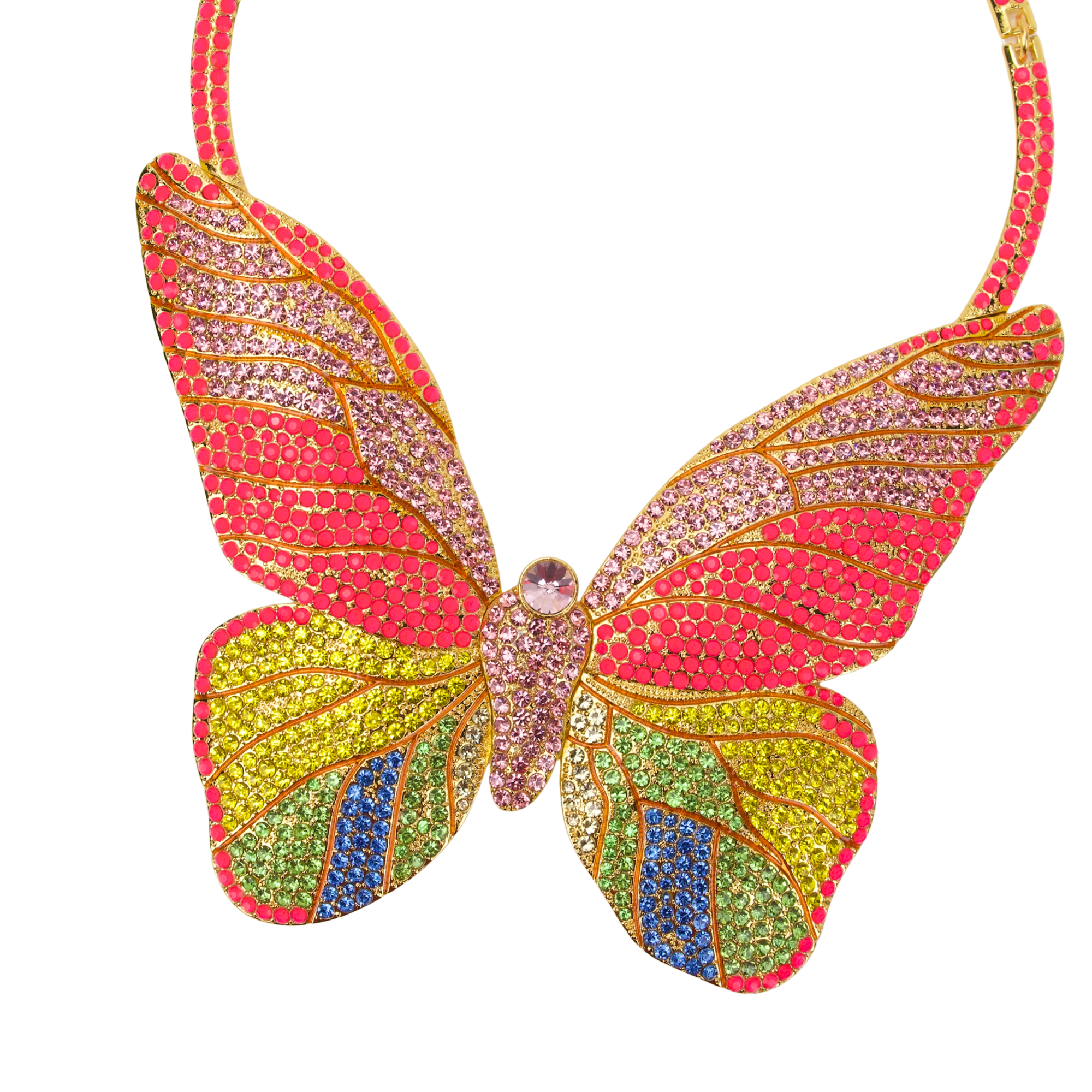 Statement butterfly bib necklace featuring vibrant multicolored crystals in coral, pink, gold, turquoise, and emerald with gold tone detailing.