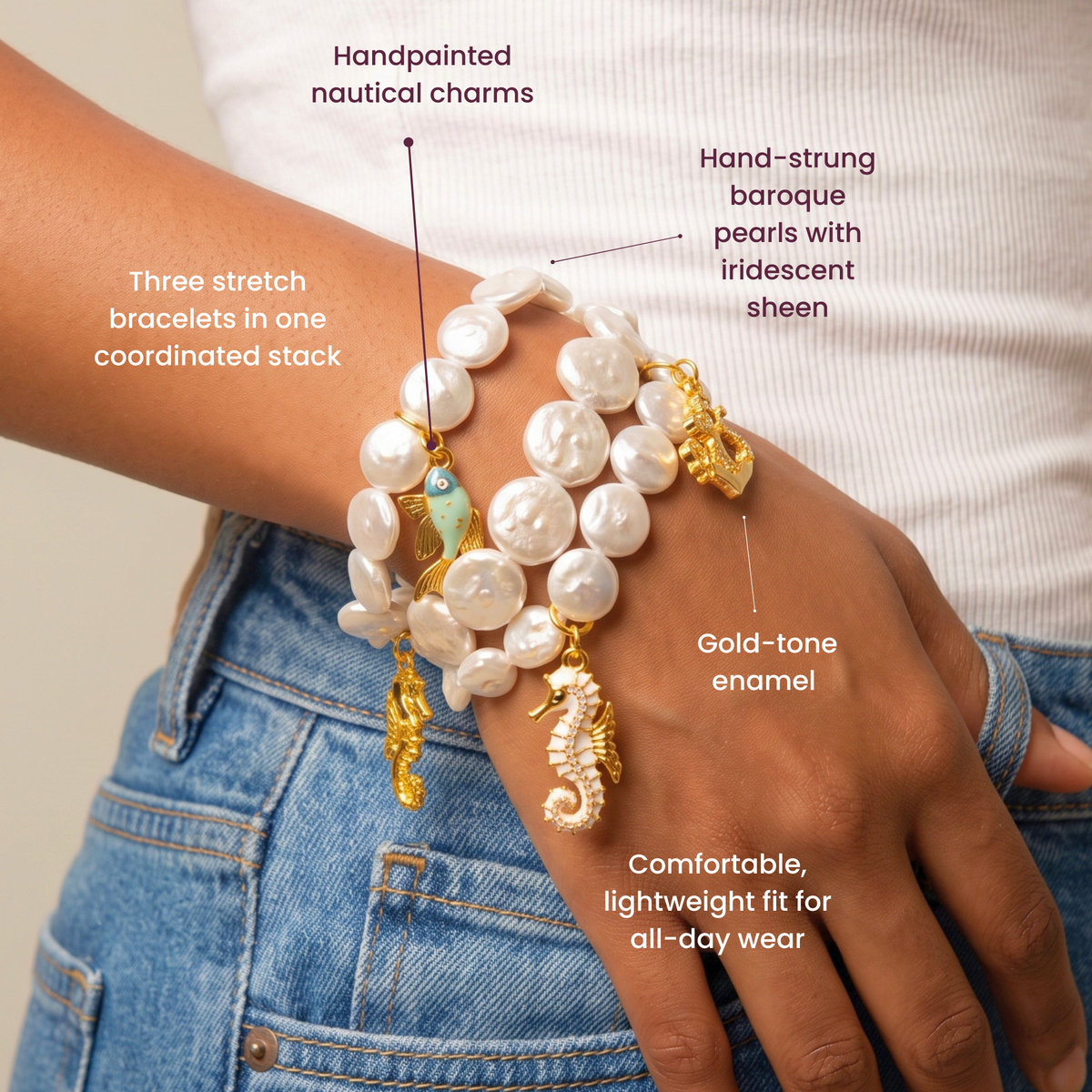 Harbor Grace 18k Anchor 3pc Stretch Bracelet Stack - Coastal Pearl,Bracelets, Sassy Jones,