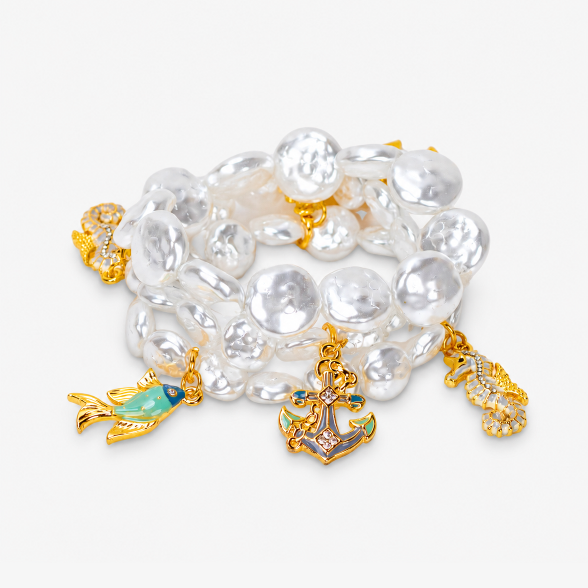 Harbor Grace 18k Anchor 3pc Stretch Bracelet Stack - Coastal Pearl,Bracelets, Sassy Jones,