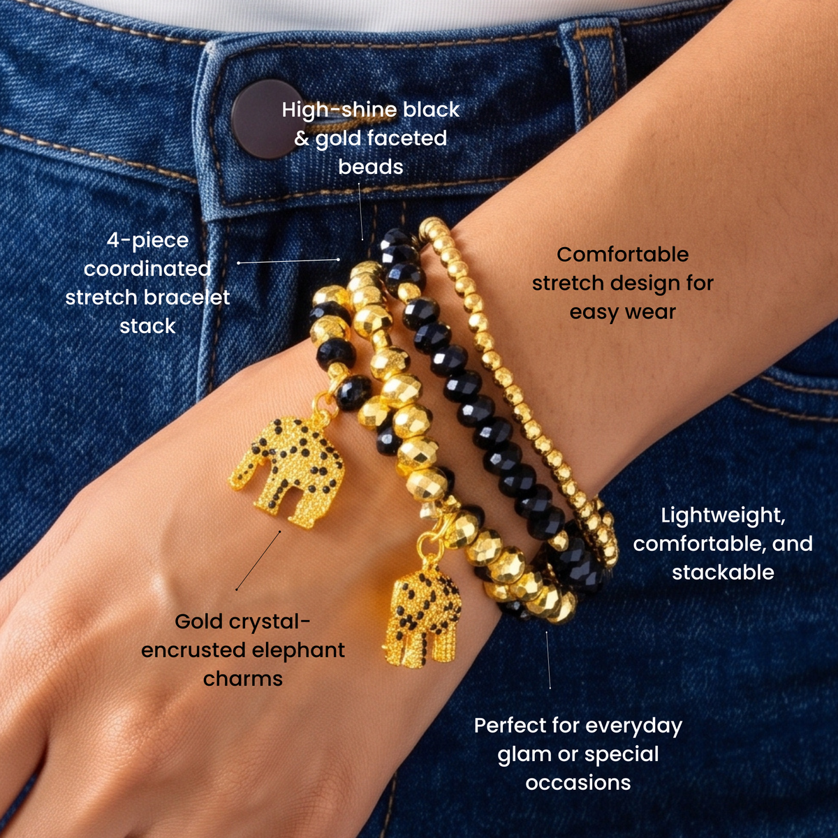 Ibiza 4pc Stretch Bracelet Stack in Black and Gold featuring faceted beads and elephant charms.