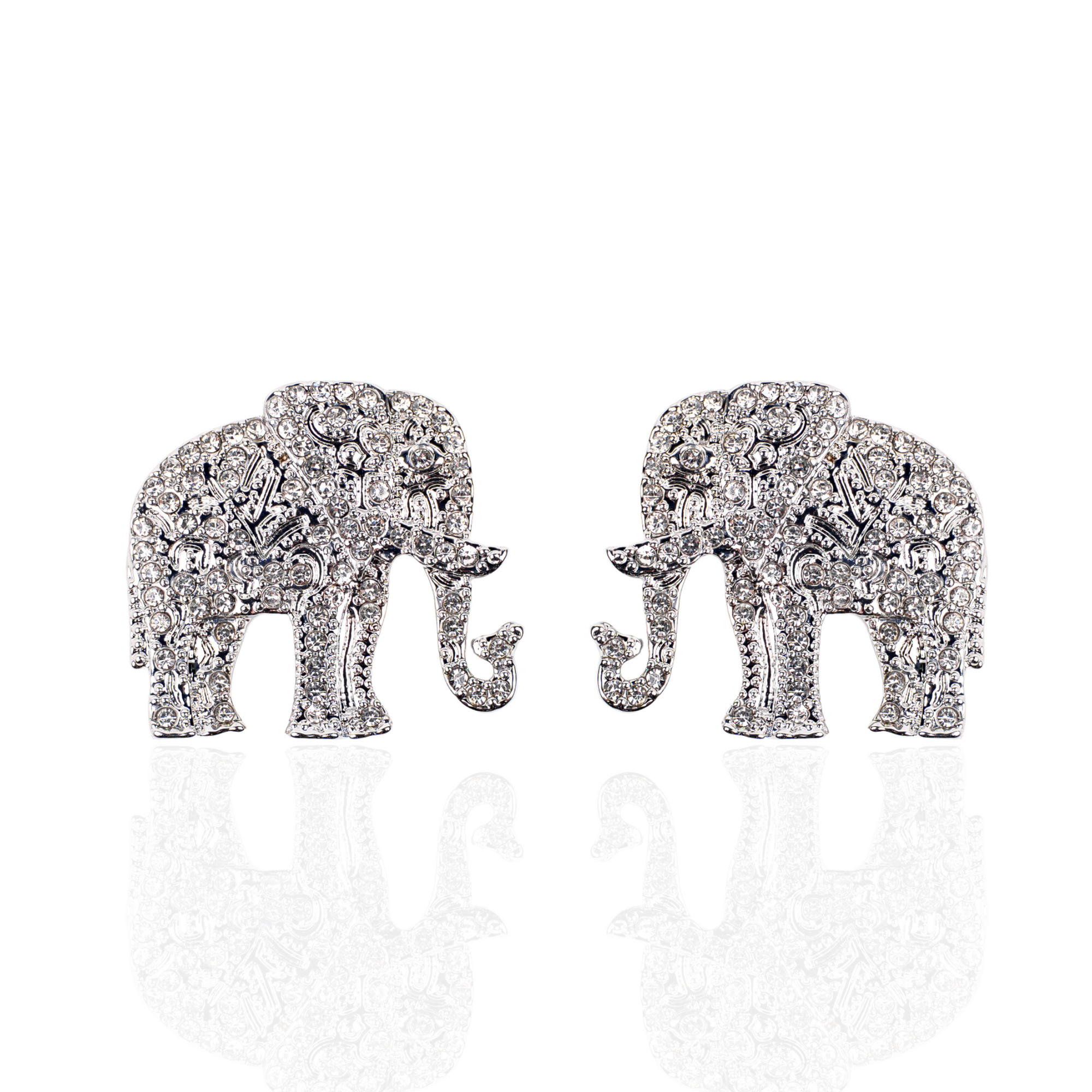 Silver and gold crystal elephant stud earrings displayed on a white background.
