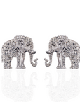 Silver and gold crystal elephant stud earrings displayed on a white background.
