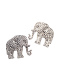 Silver and gold crystal elephant stud earrings displayed on a white background.
